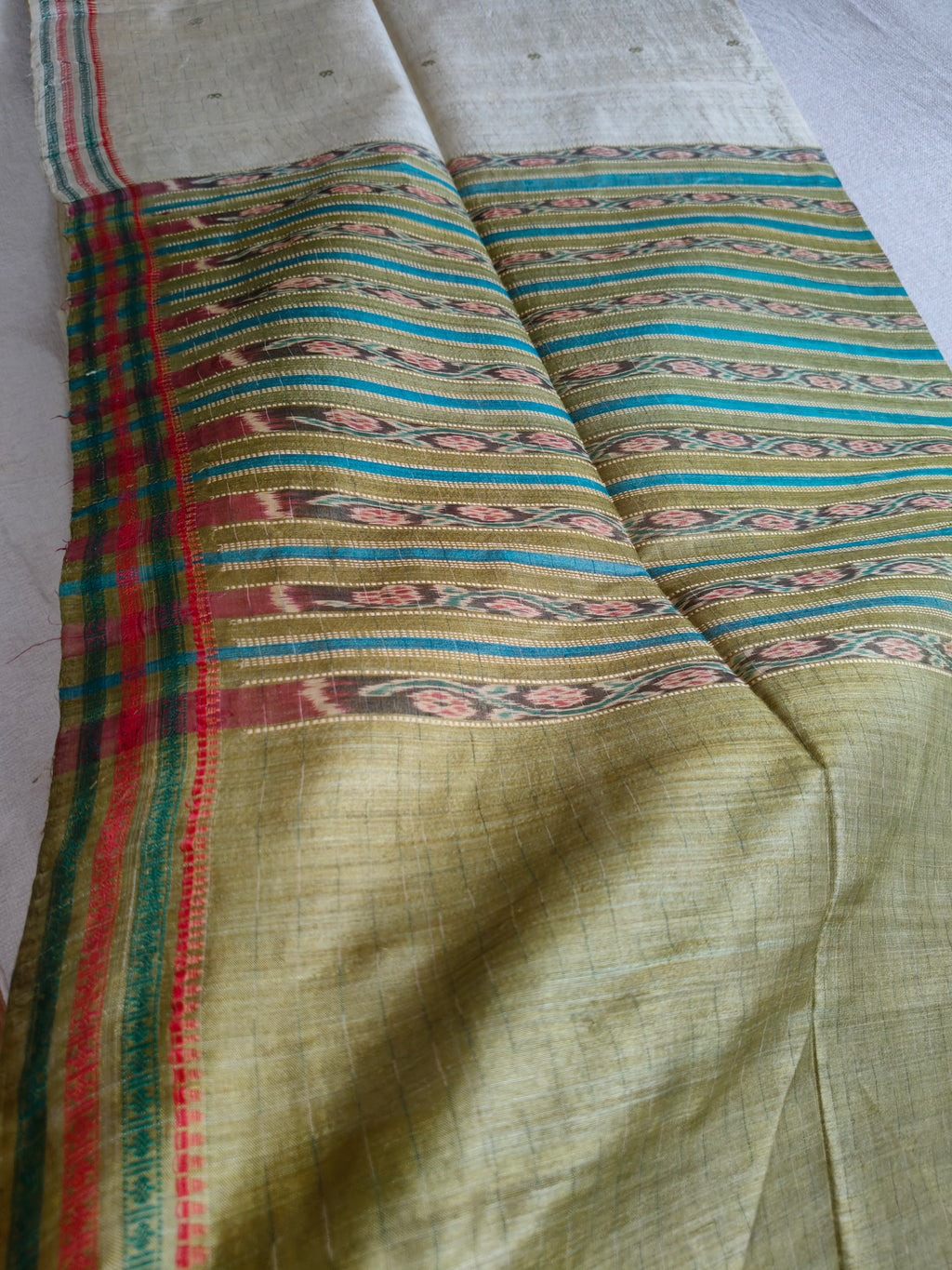 Tussar Silk Kotki Saree (Silk Mark Certified) - Natural Ivory with Olive Green