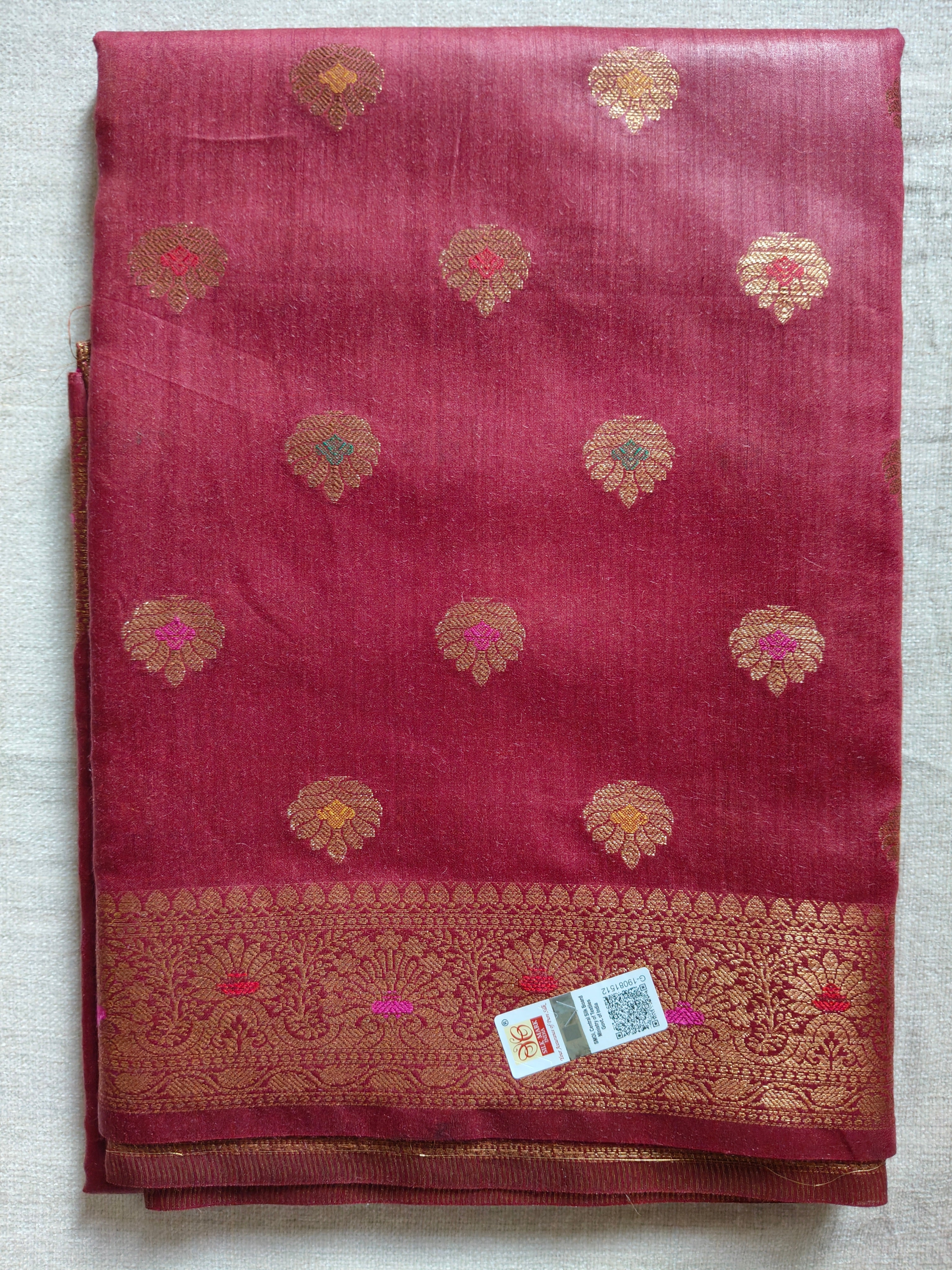 Pure Muga Tussar Silk Saree with Antique Zari Floral Butis - Rosewood Pink