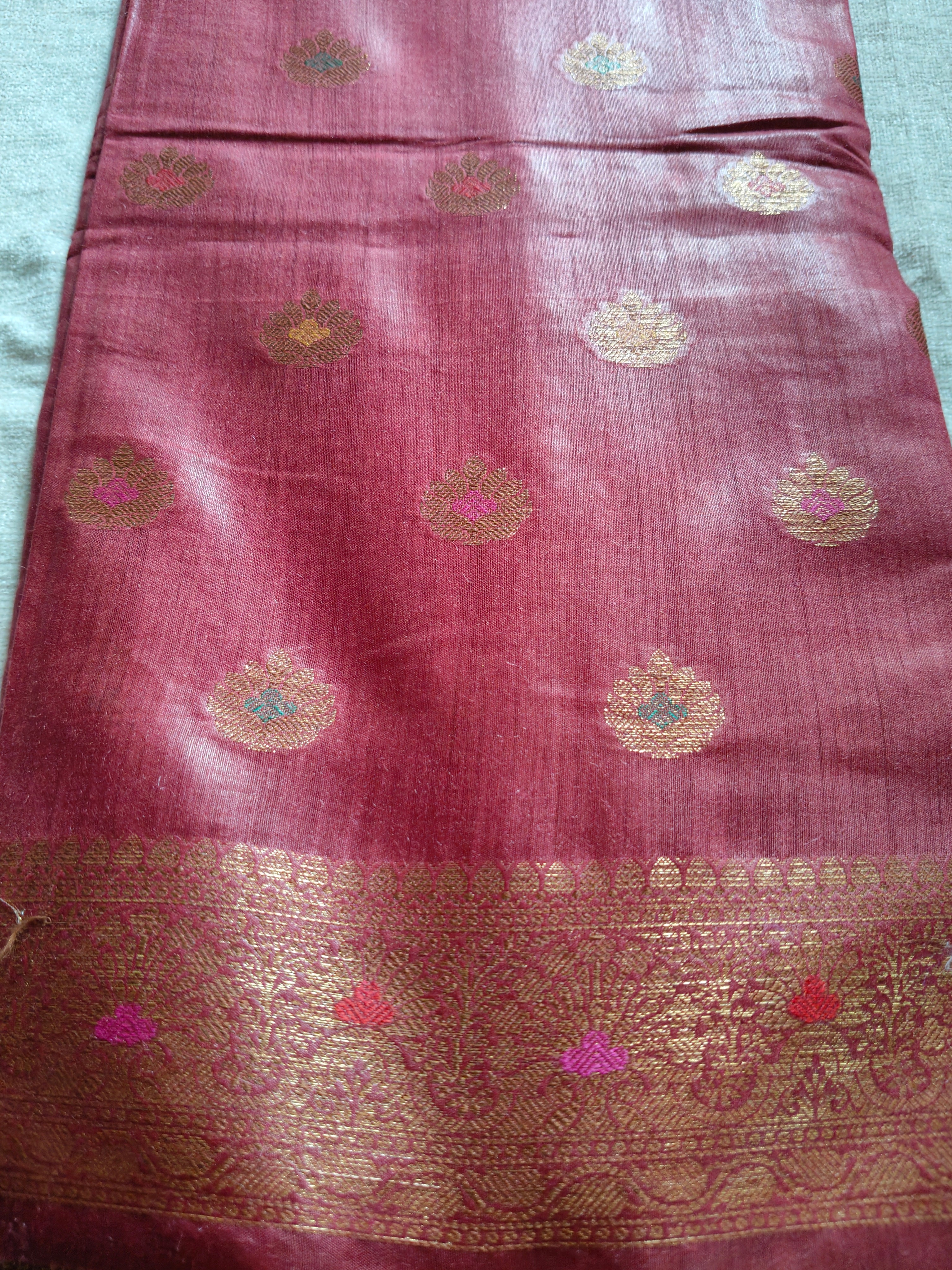 Pure Muga Tussar Silk Saree with Antique Zari Floral Butis - Rosewood Pink