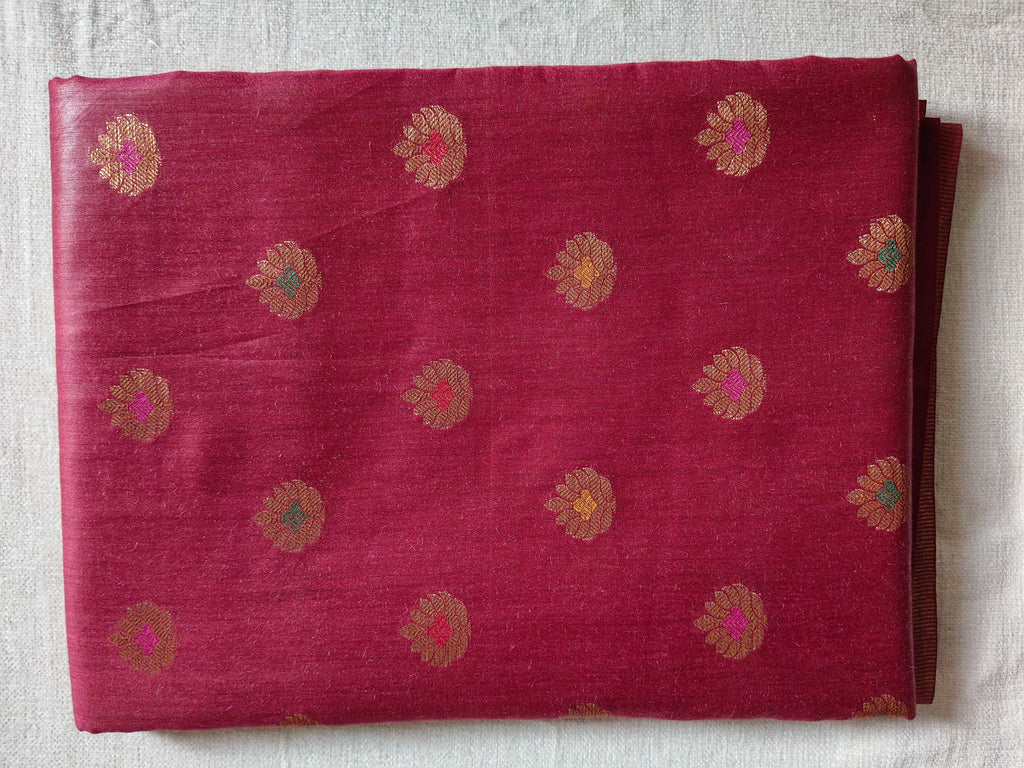 Pure Muga Tussar Silk Saree with Antique Zari Floral Butis - Rosewood Pink