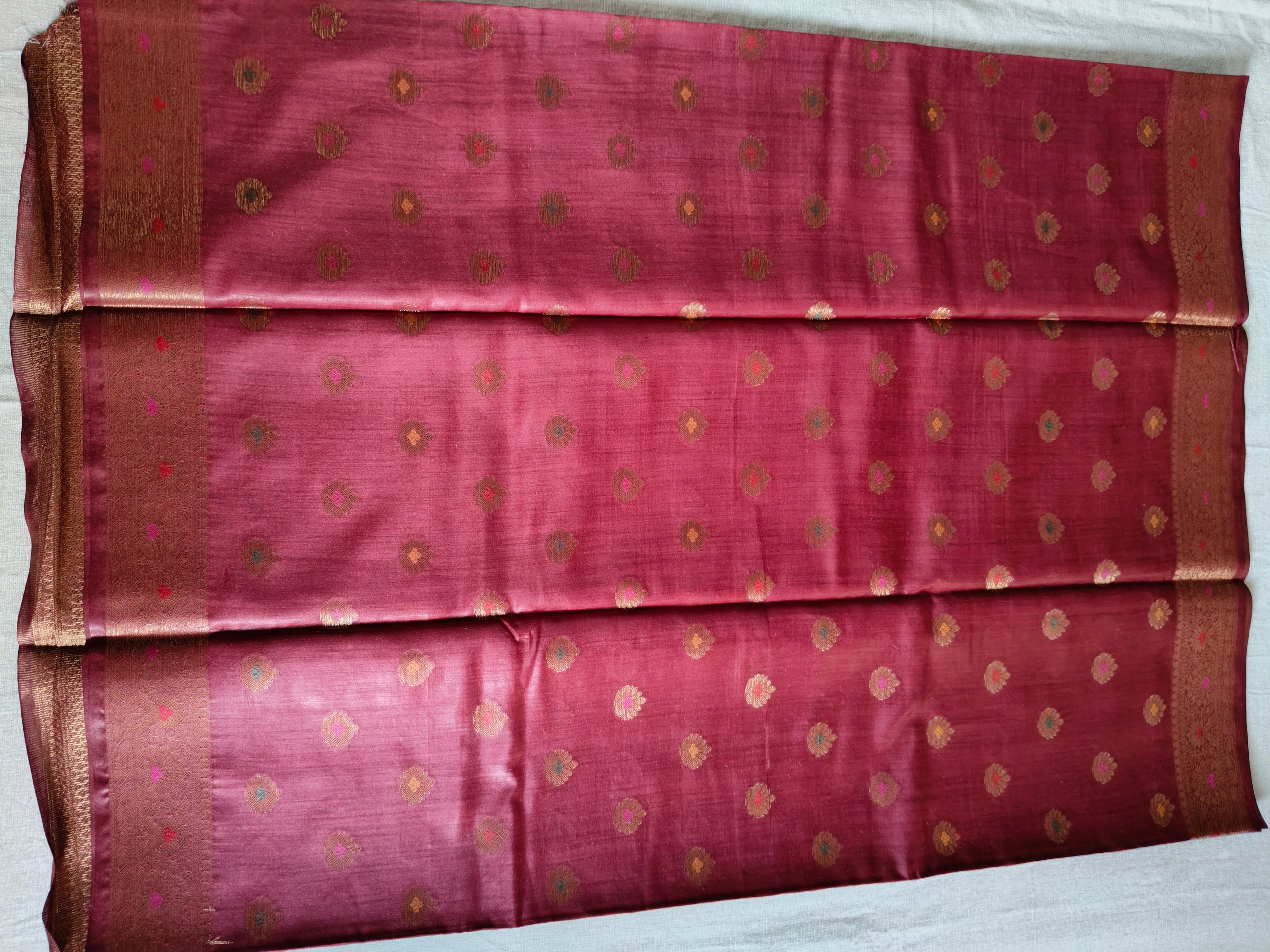 Pure Muga Tussar Silk Saree with Antique Zari Floral Butis - Rosewood Pink