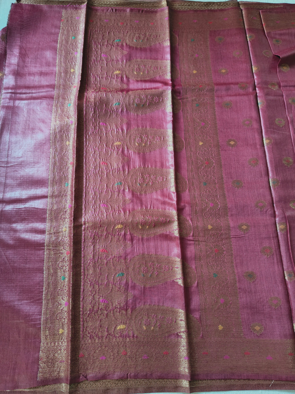 Pure Muga Tussar Silk Saree with Antique Zari Floral Butis - Rosewood Pink