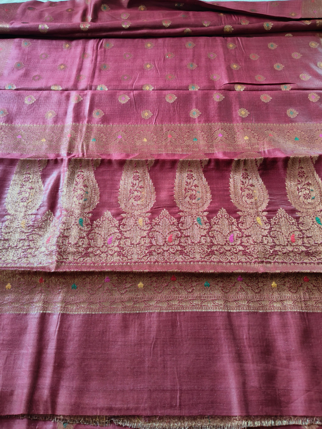 Pure Muga Tussar Silk Saree with Antique Zari Floral Butis - Rosewood Pink