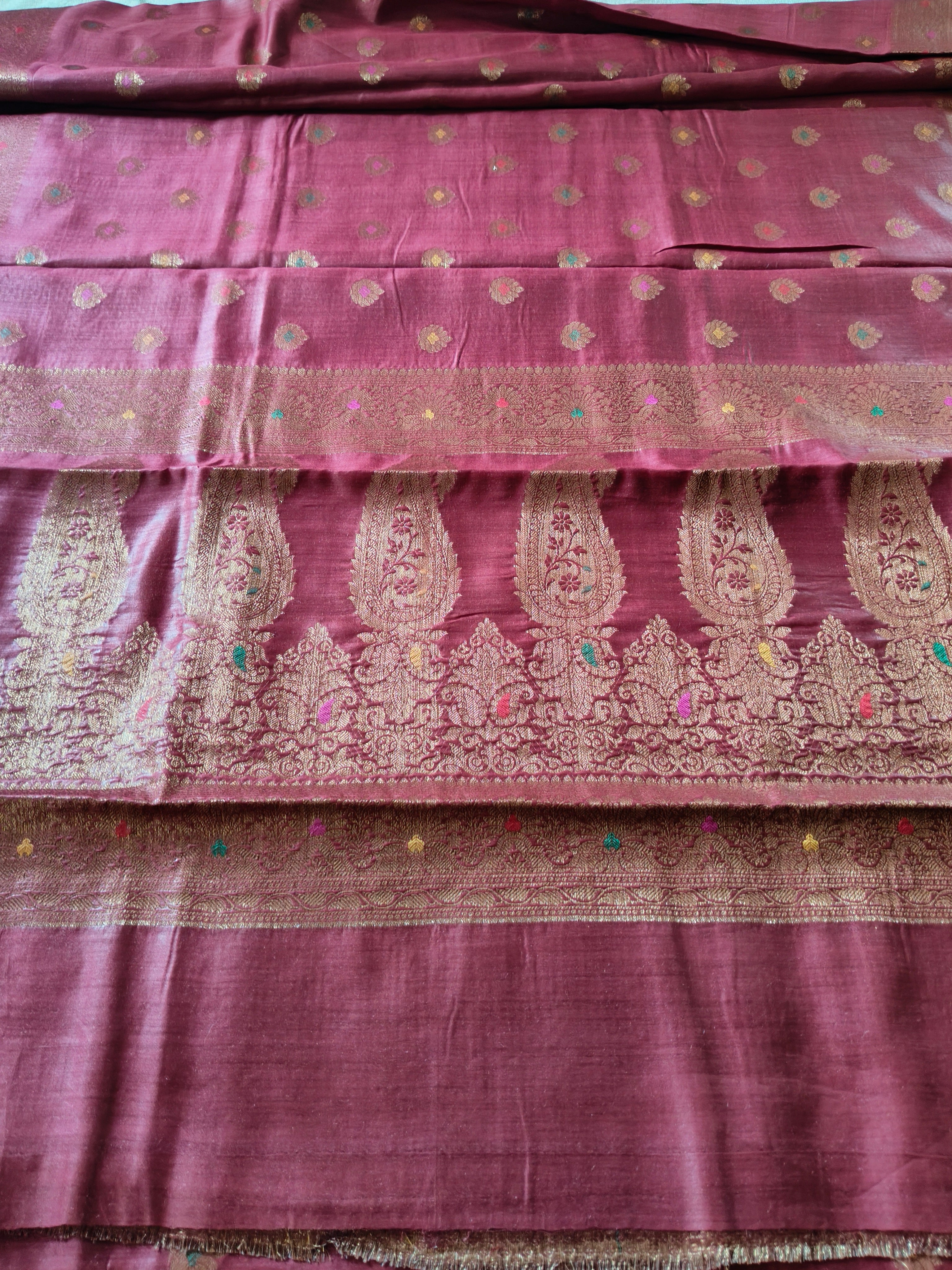 Pure Muga Tussar Silk Saree with Antique Zari Floral Butis - Rosewood Pink