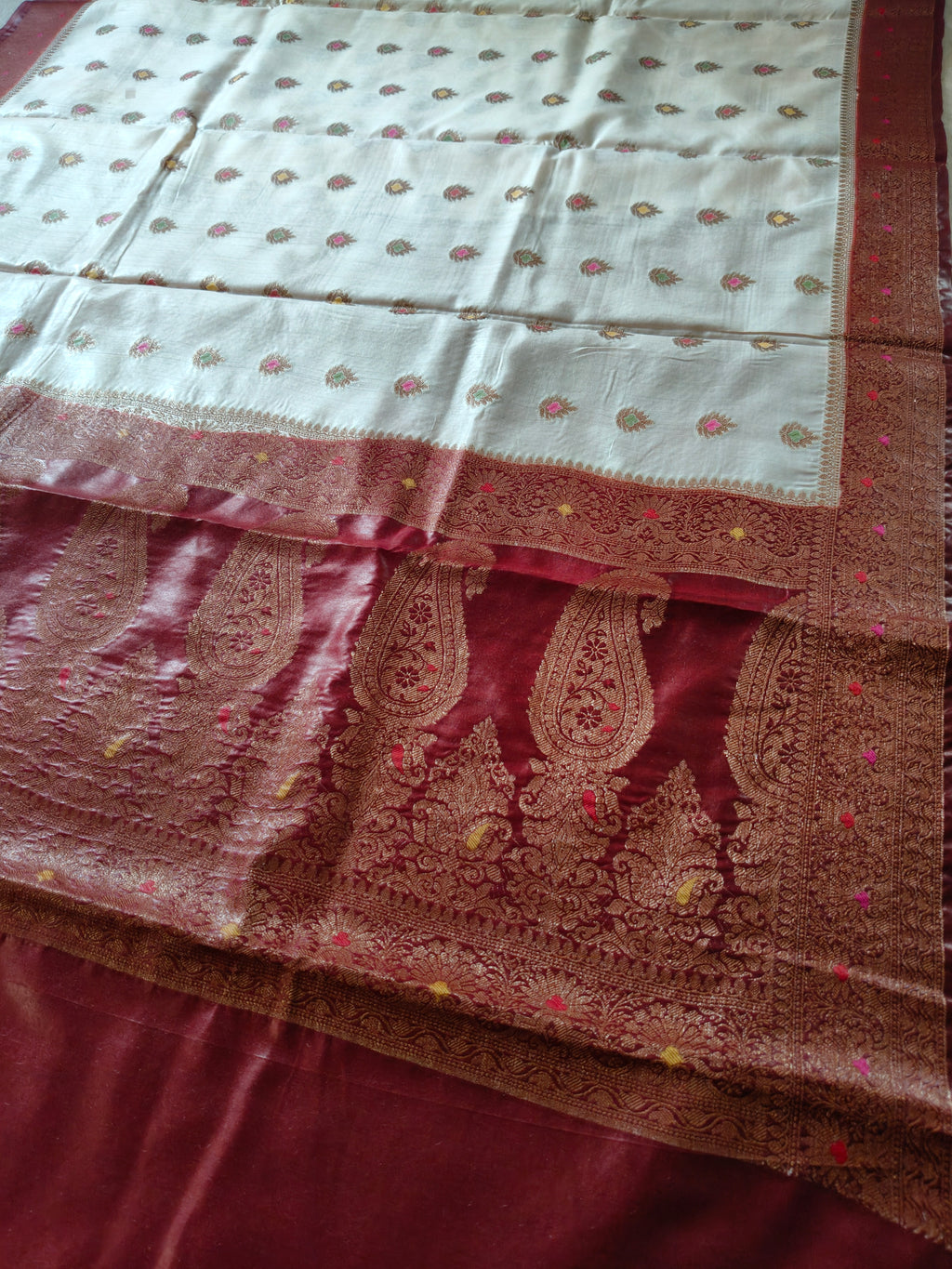 Pure Muga Tussar Silk Saree with Zari Buti & Grand Paisley Pallu - Ivory