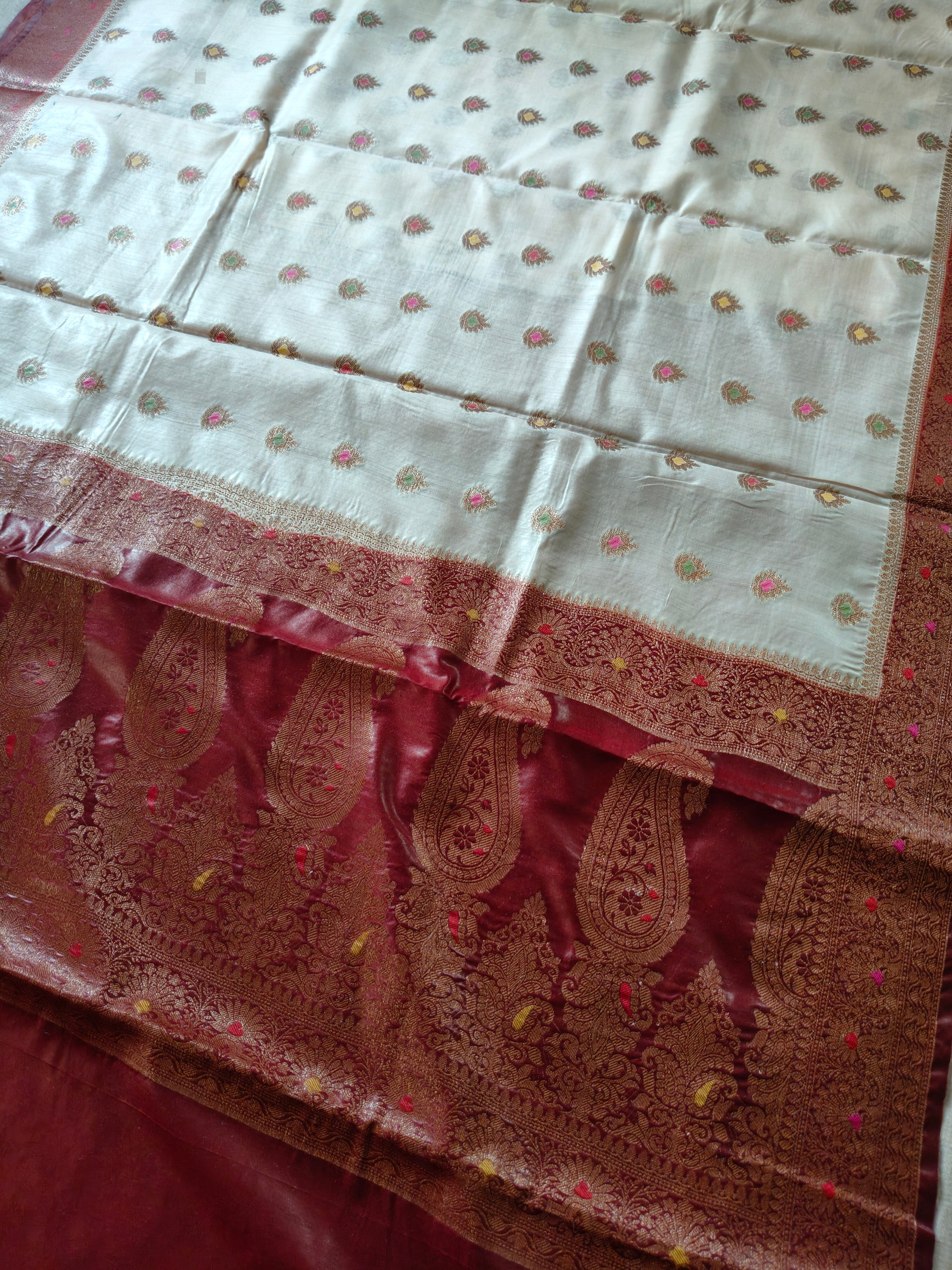 Pure Muga Tussar Silk Saree with Zari Buti & Grand Paisley Pallu - Ivory