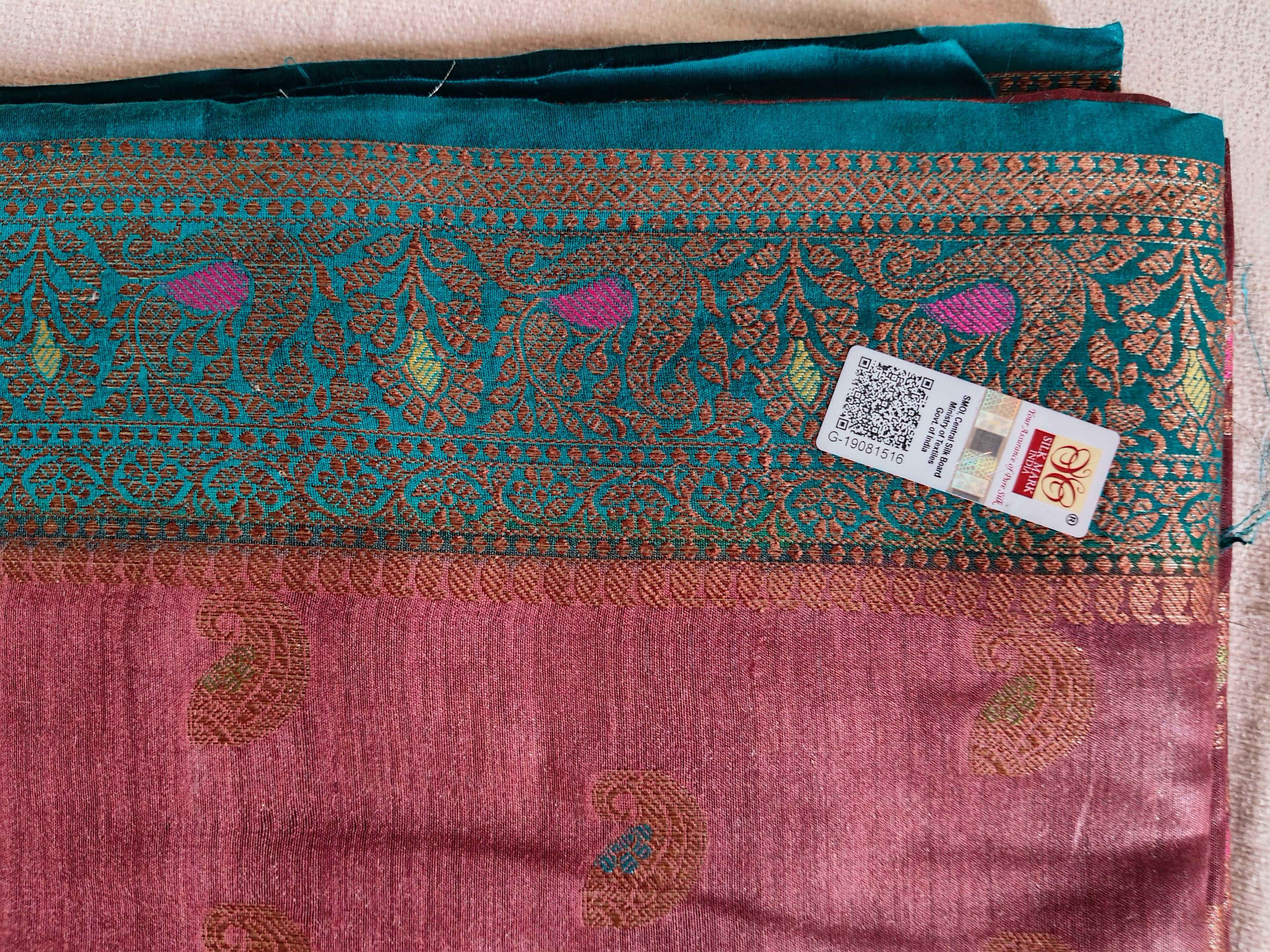 Pure Muga Tussar Silk Saree with Gold Paisley Butis & Teal Zari Pallu - Brown