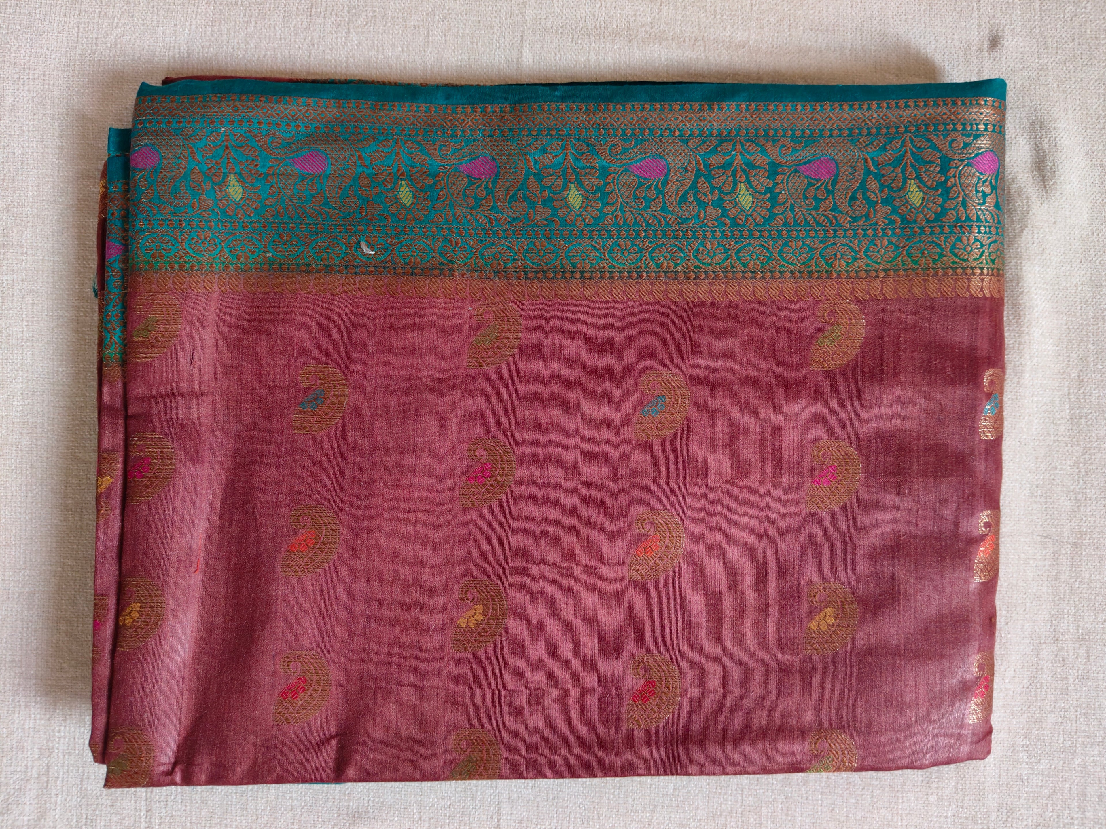 Pure Muga Tussar Silk Saree with Gold Paisley Butis & Teal Zari Pallu - Brown