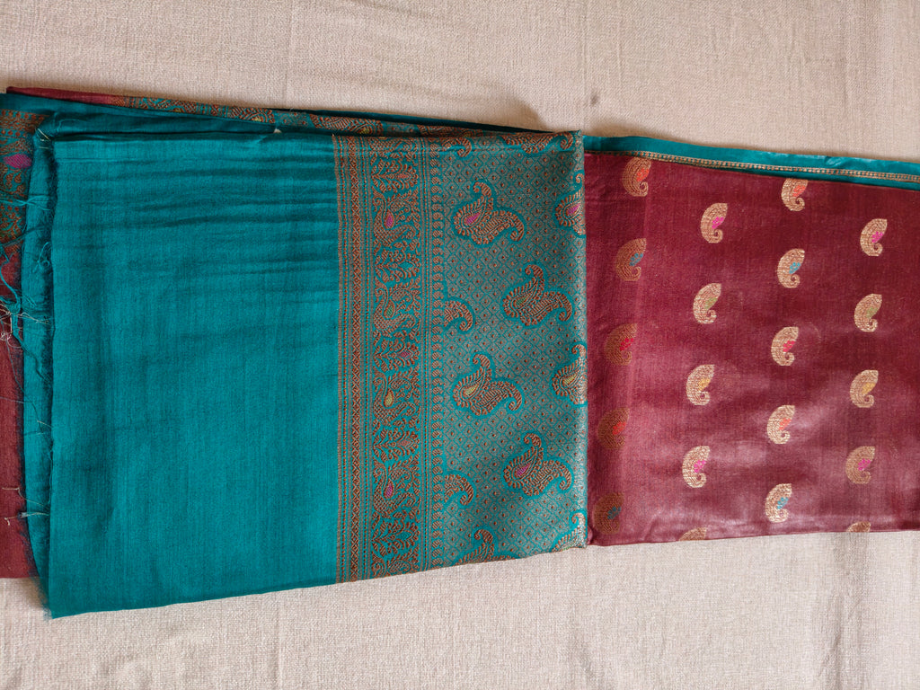 Pure Muga Tussar Silk Saree with Gold Paisley Butis & Teal Zari Pallu - Brown