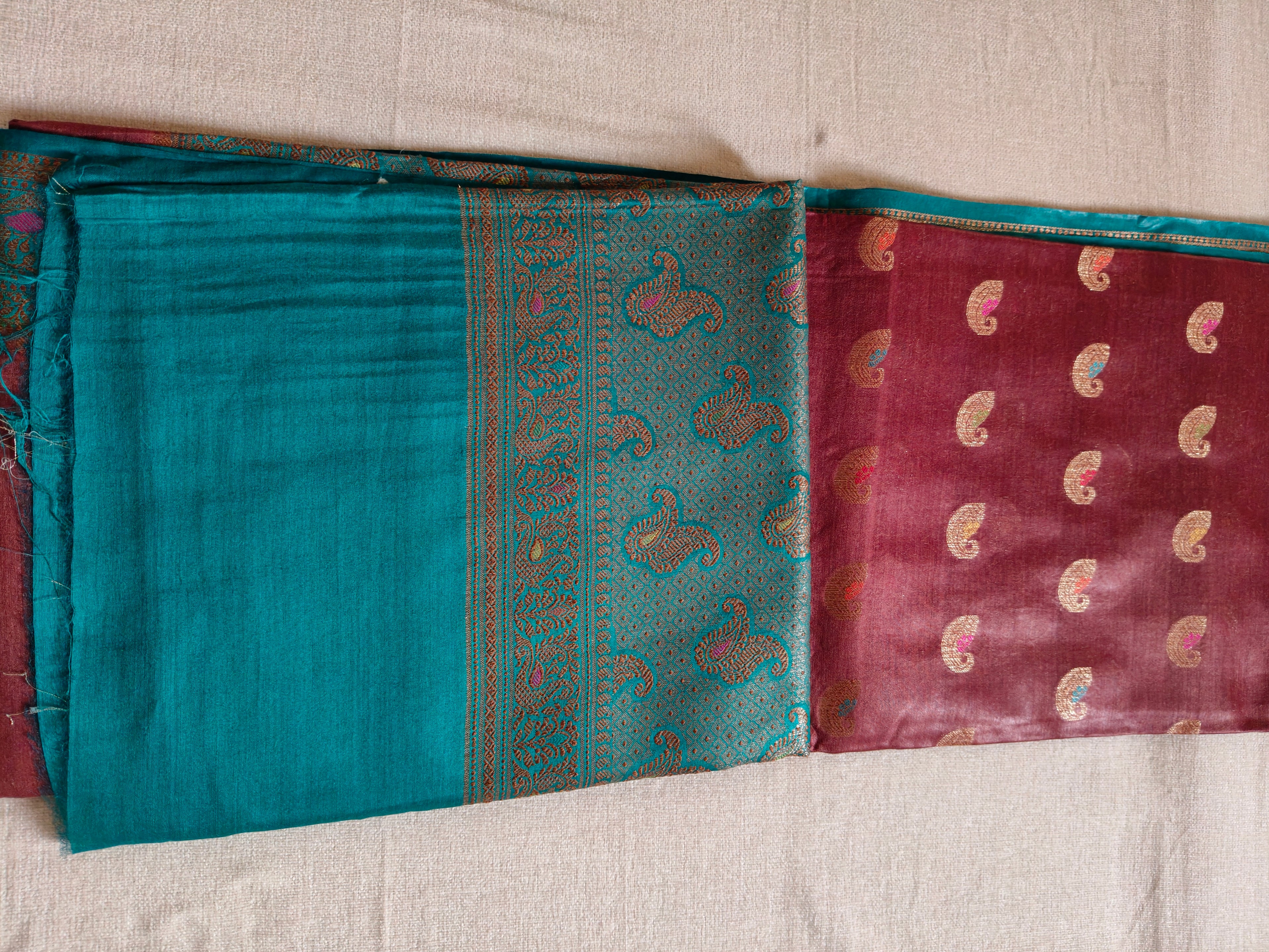 Pure Muga Tussar Silk Saree with Gold Paisley Butis & Teal Zari Pallu - Brown