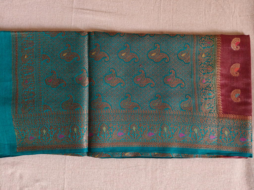 Pure Muga Tussar Silk Saree with Gold Paisley Butis & Teal Zari Pallu - Brown