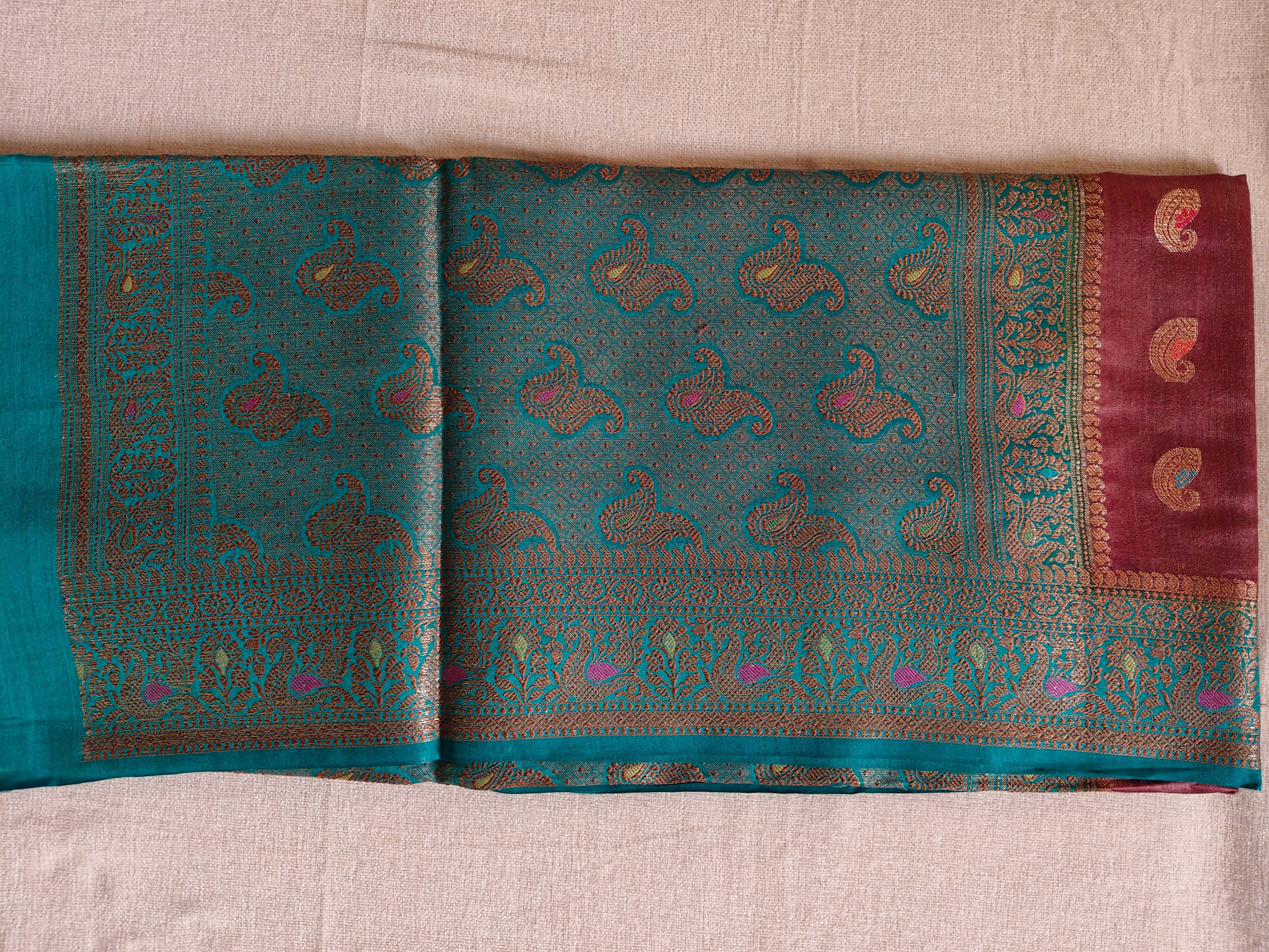 Pure Muga Tussar Silk Saree with Gold Paisley Butis & Teal Zari Pallu - Brown