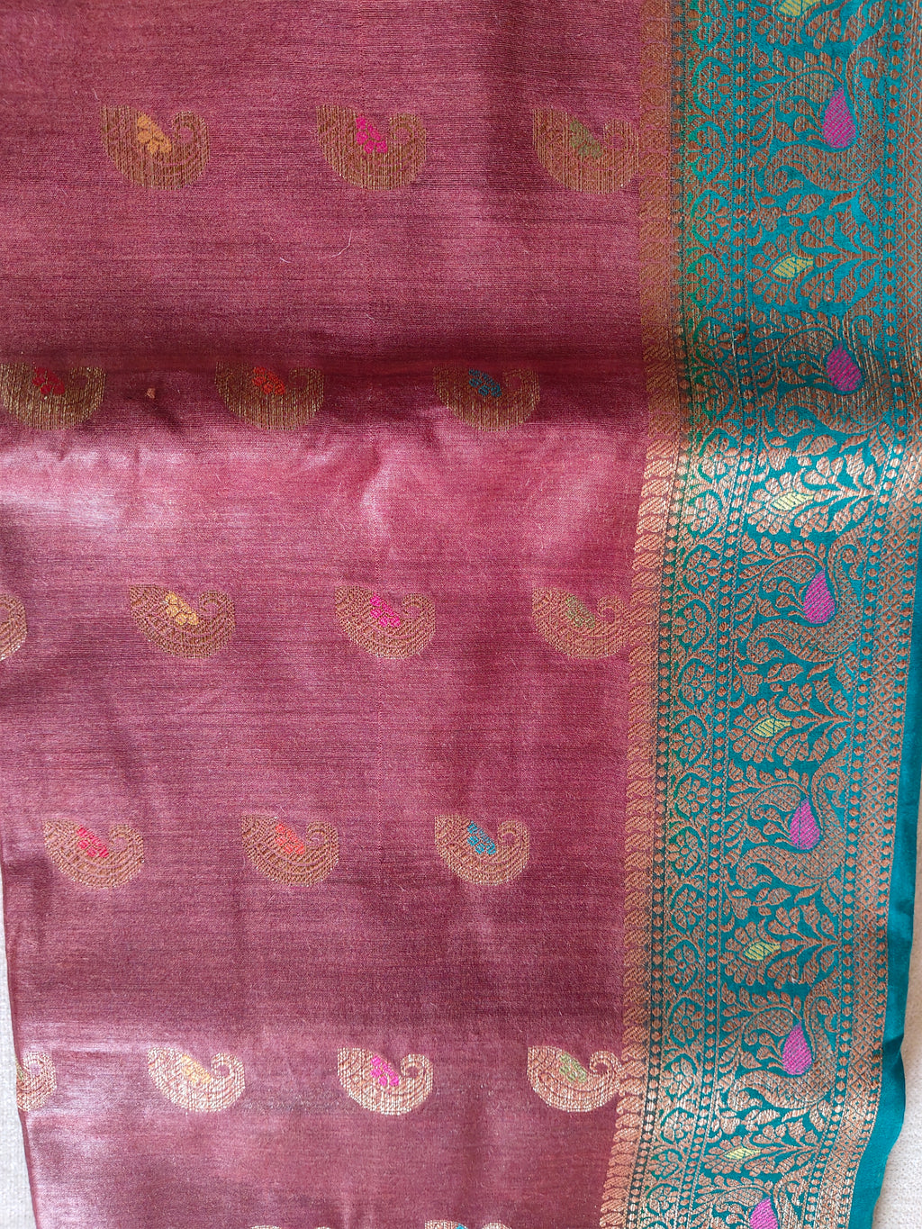 Pure Muga Tussar Silk Saree with Gold Paisley Butis & Teal Zari Pallu - Brown