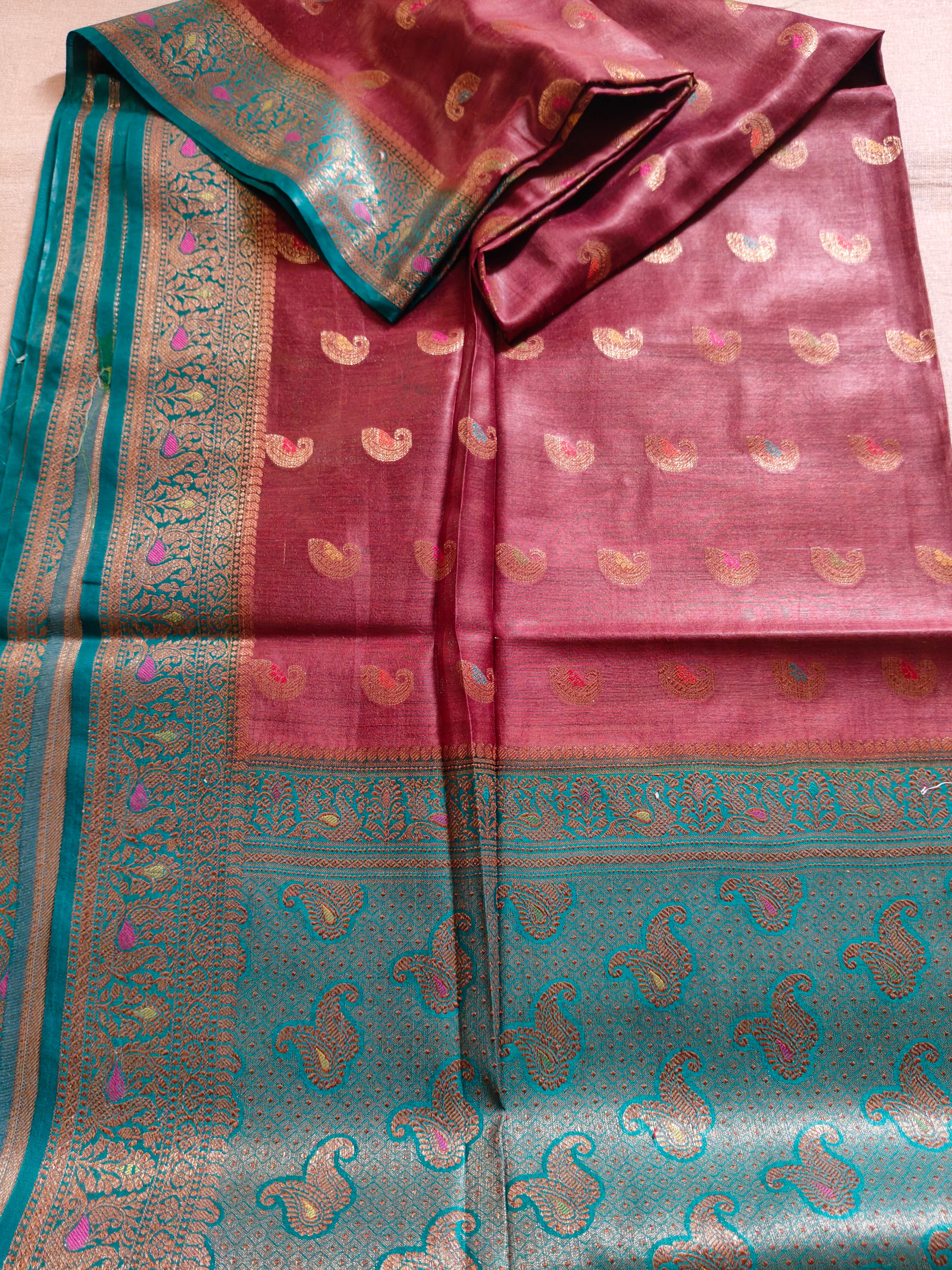 Pure Muga Tussar Silk Saree with Gold Paisley Butis & Teal Zari Pallu - Brown