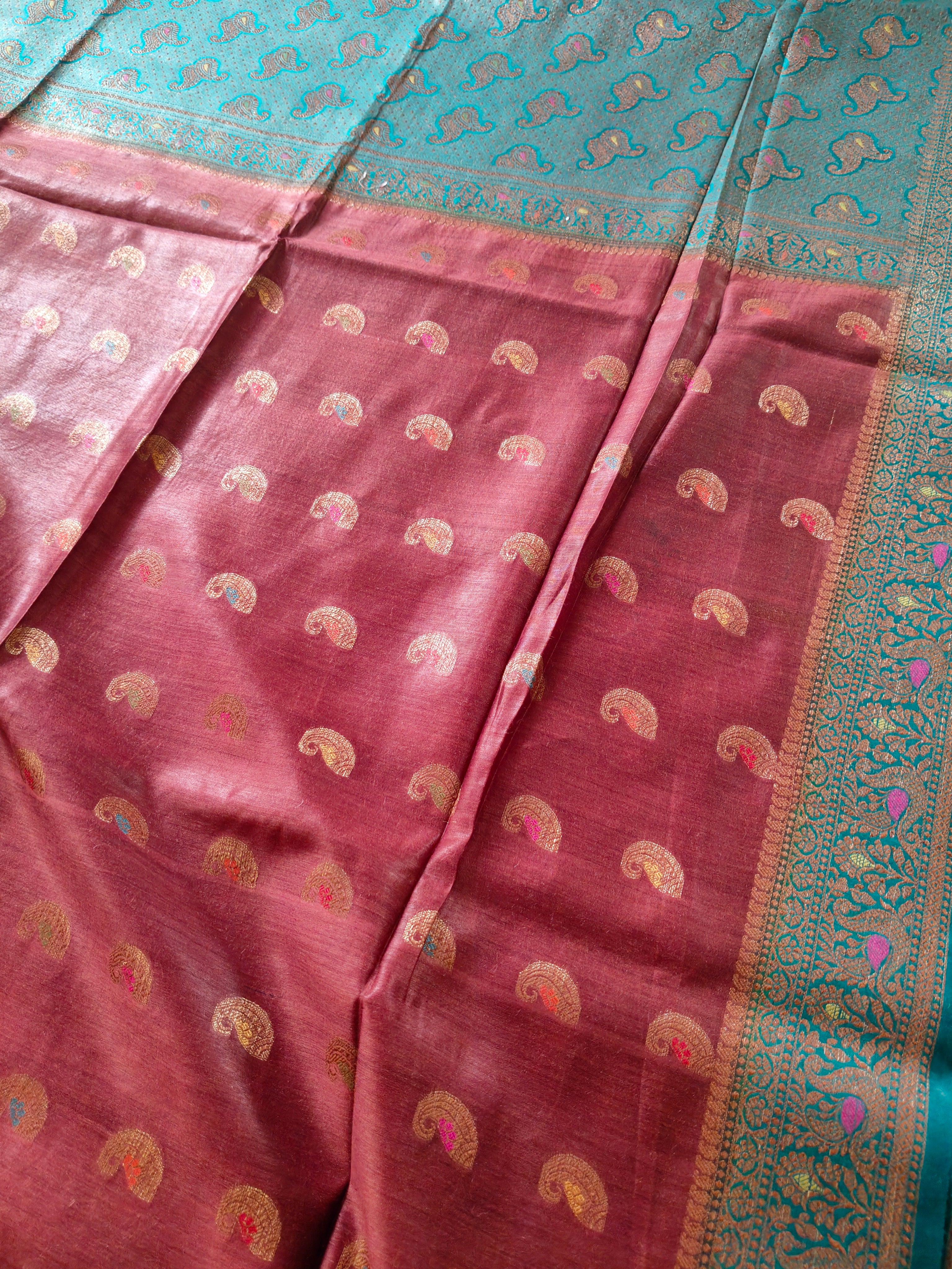Pure Muga Tussar Silk Saree with Gold Paisley Butis & Teal Zari Pallu - Brown