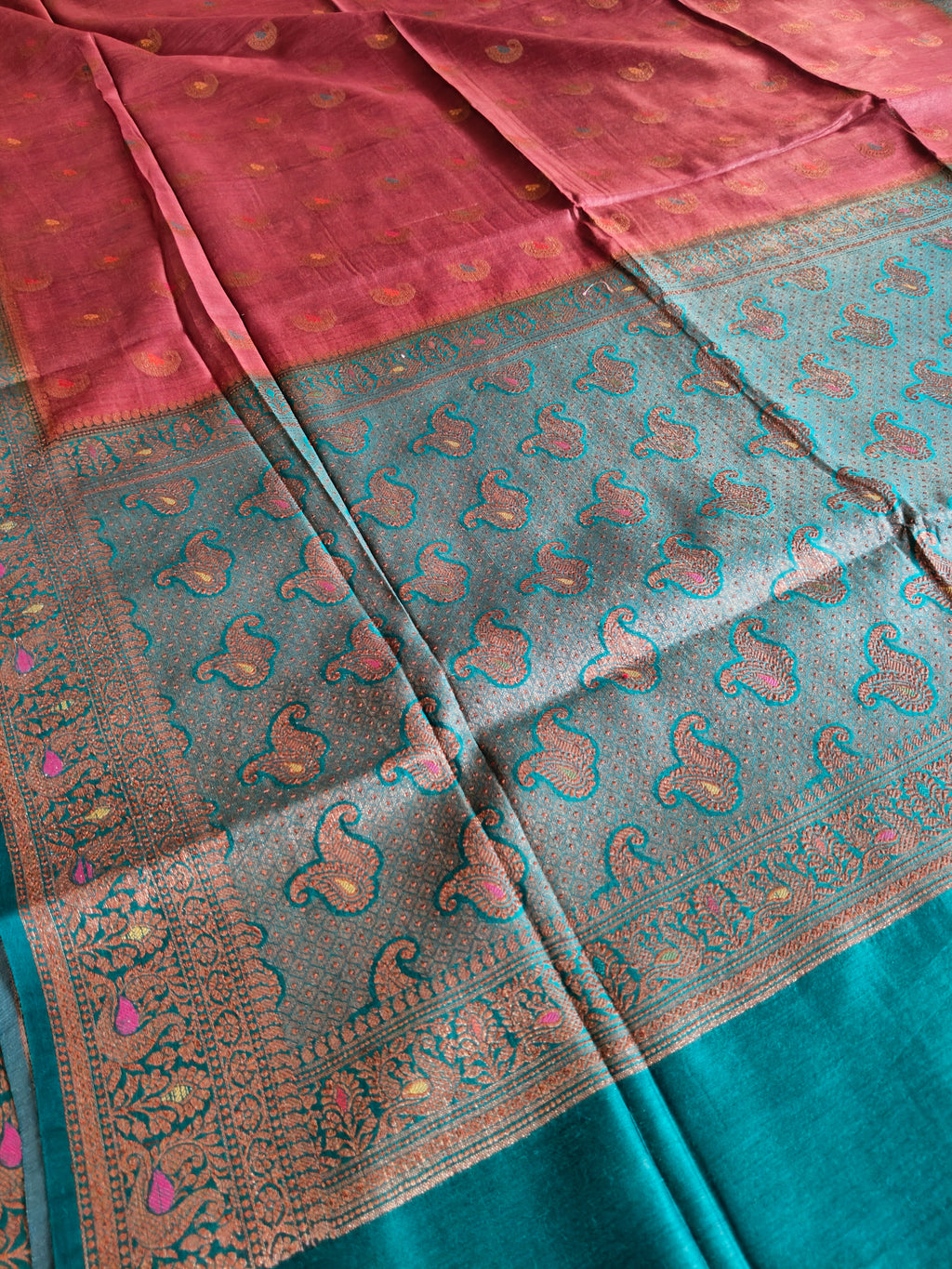 Pure Muga Tussar Silk Saree with Gold Paisley Butis & Teal Zari Pallu - Brown