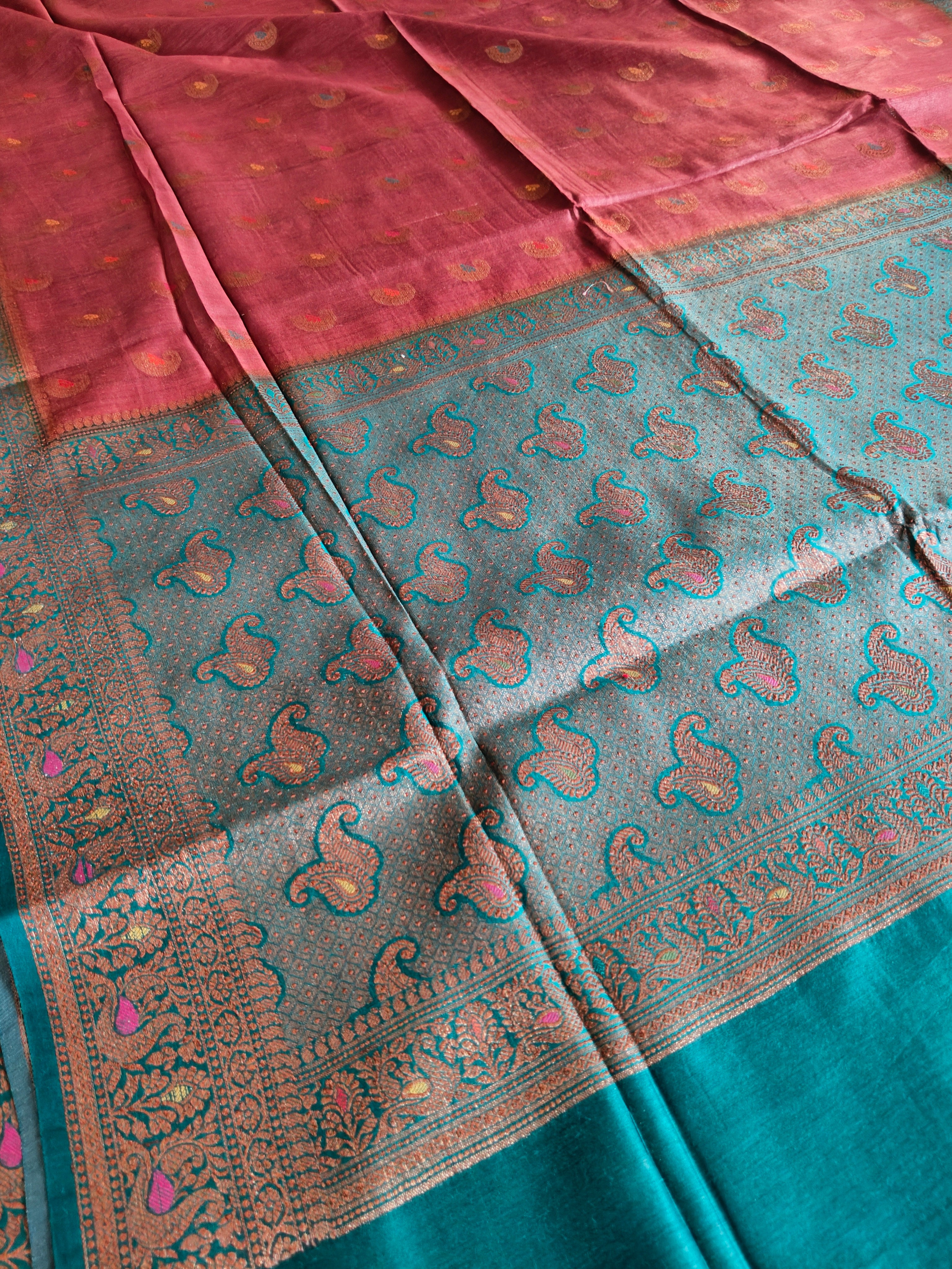 Pure Muga Tussar Silk Saree with Gold Paisley Butis & Teal Zari Pallu - Brown