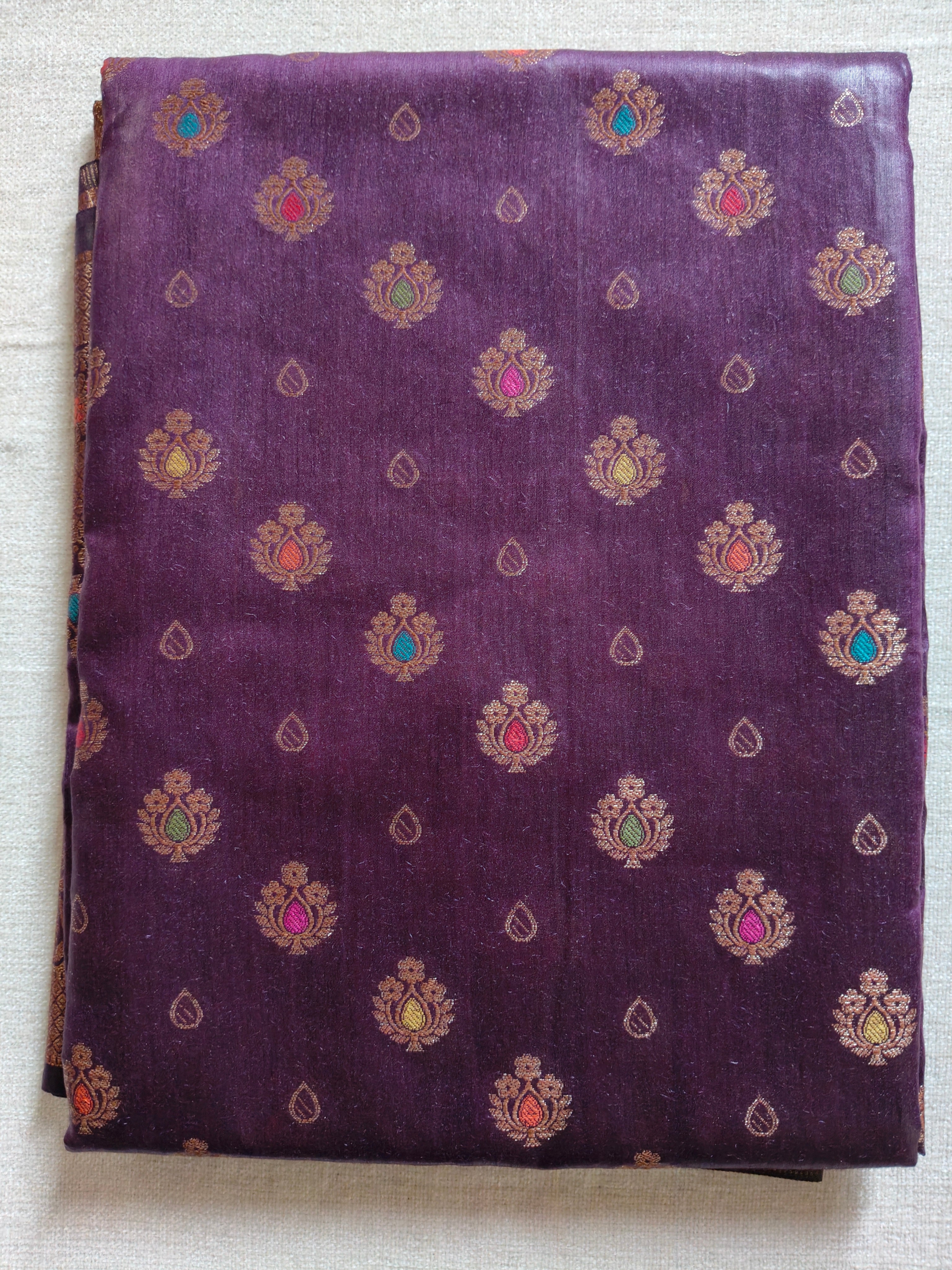 Pure Muga Tussar Silk Saree with Multicolour Zari Butis & Grand Paisley Pallu - Purple
