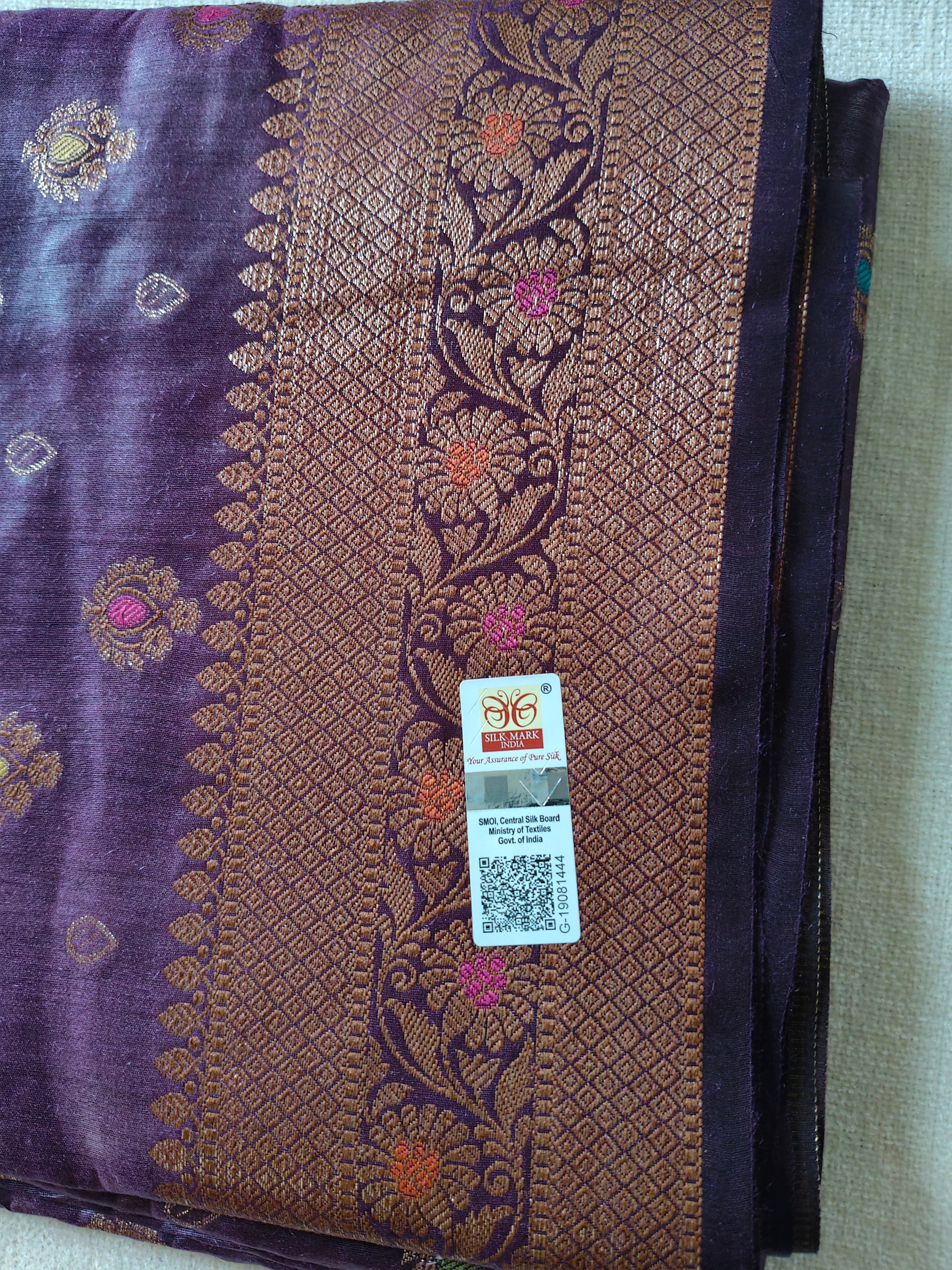 Pure Muga Tussar Silk Saree with Multicolour Zari Butis & Grand Paisley Pallu - Purple
