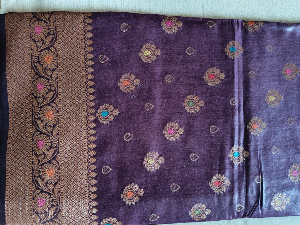 Pure Muga Tussar Silk Saree with Multicolour Zari Butis & Grand Paisley Pallu - Purple
