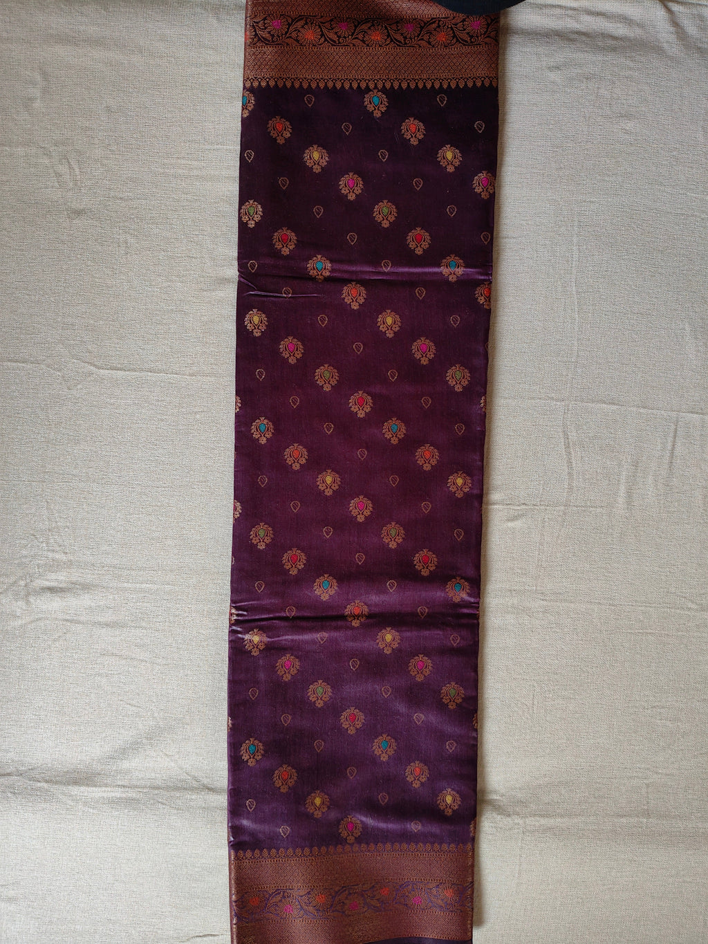 Pure Muga Tussar Silk Saree with Multicolour Zari Butis & Grand Paisley Pallu - Purple