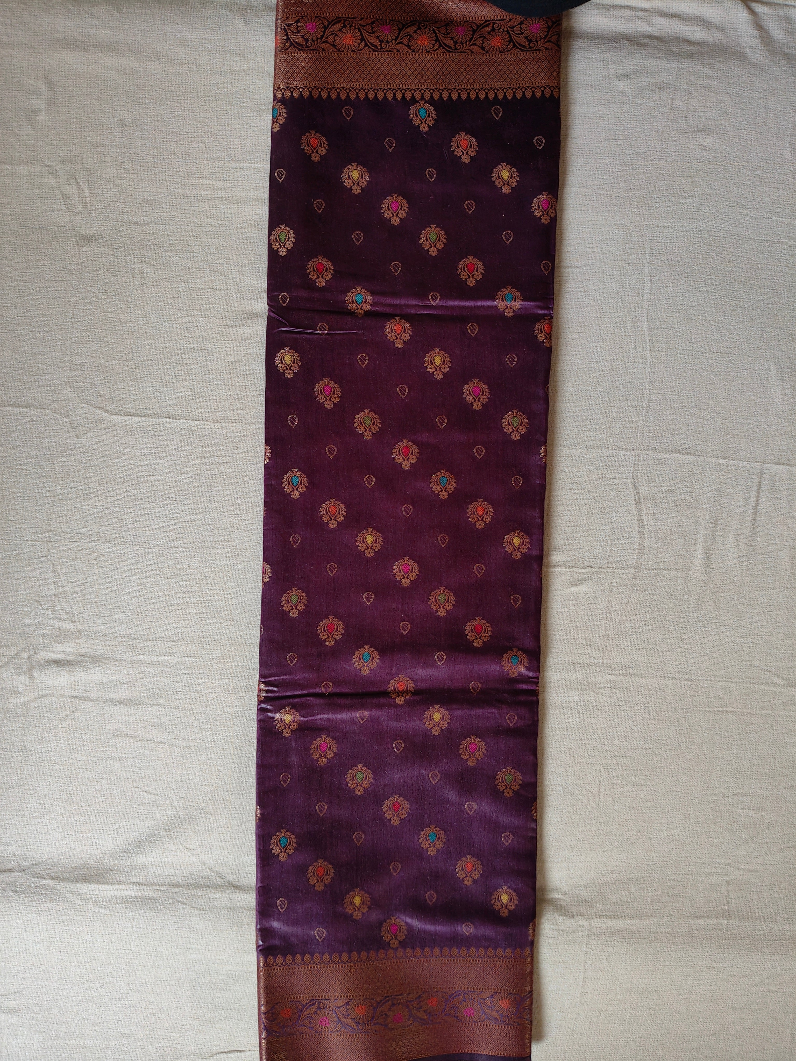 Pure Muga Tussar Silk Saree with Multicolour Zari Butis & Grand Paisley Pallu - Purple