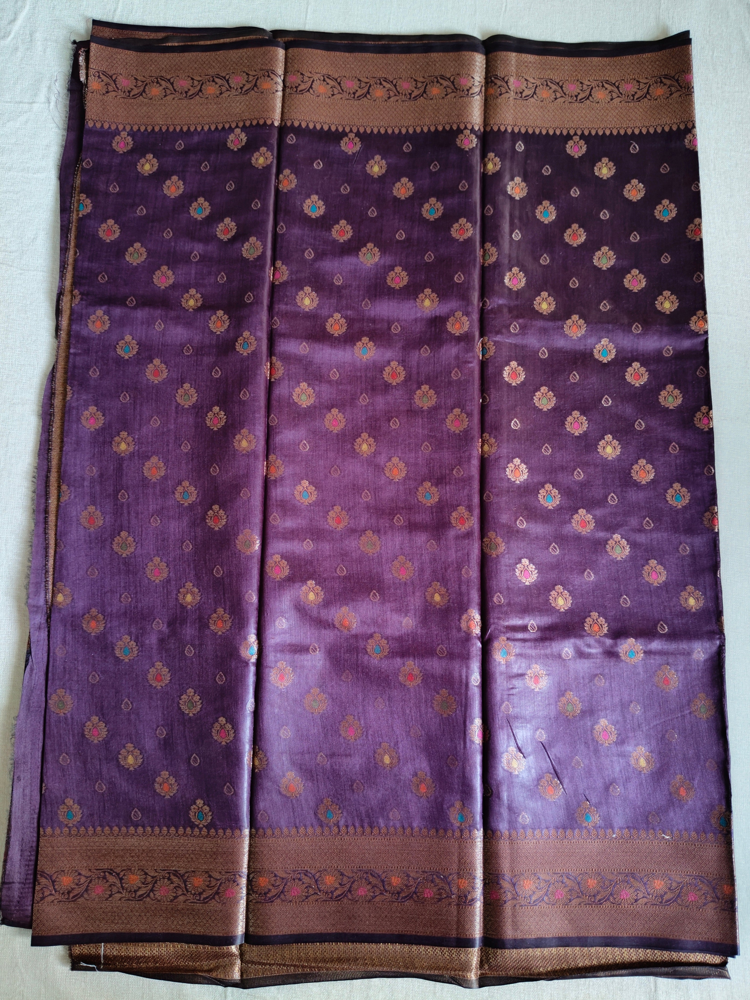 Pure Muga Tussar Silk Saree with Multicolour Zari Butis & Grand Paisley Pallu - Purple