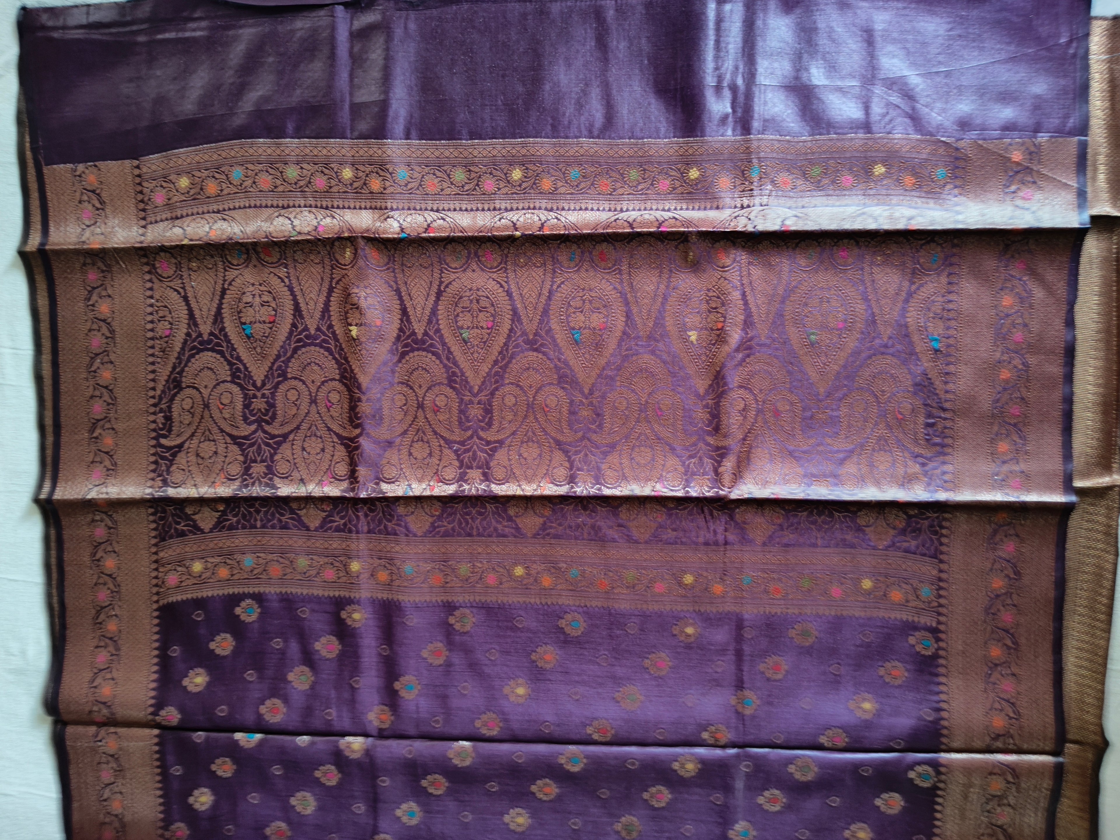 Pure Muga Tussar Silk Saree with Multicolour Zari Butis & Grand Paisley Pallu - Purple