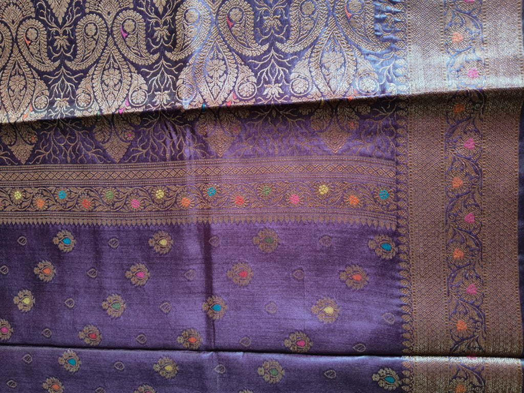 Pure Muga Tussar Silk Saree with Multicolour Zari Butis & Grand Paisley Pallu - Purple