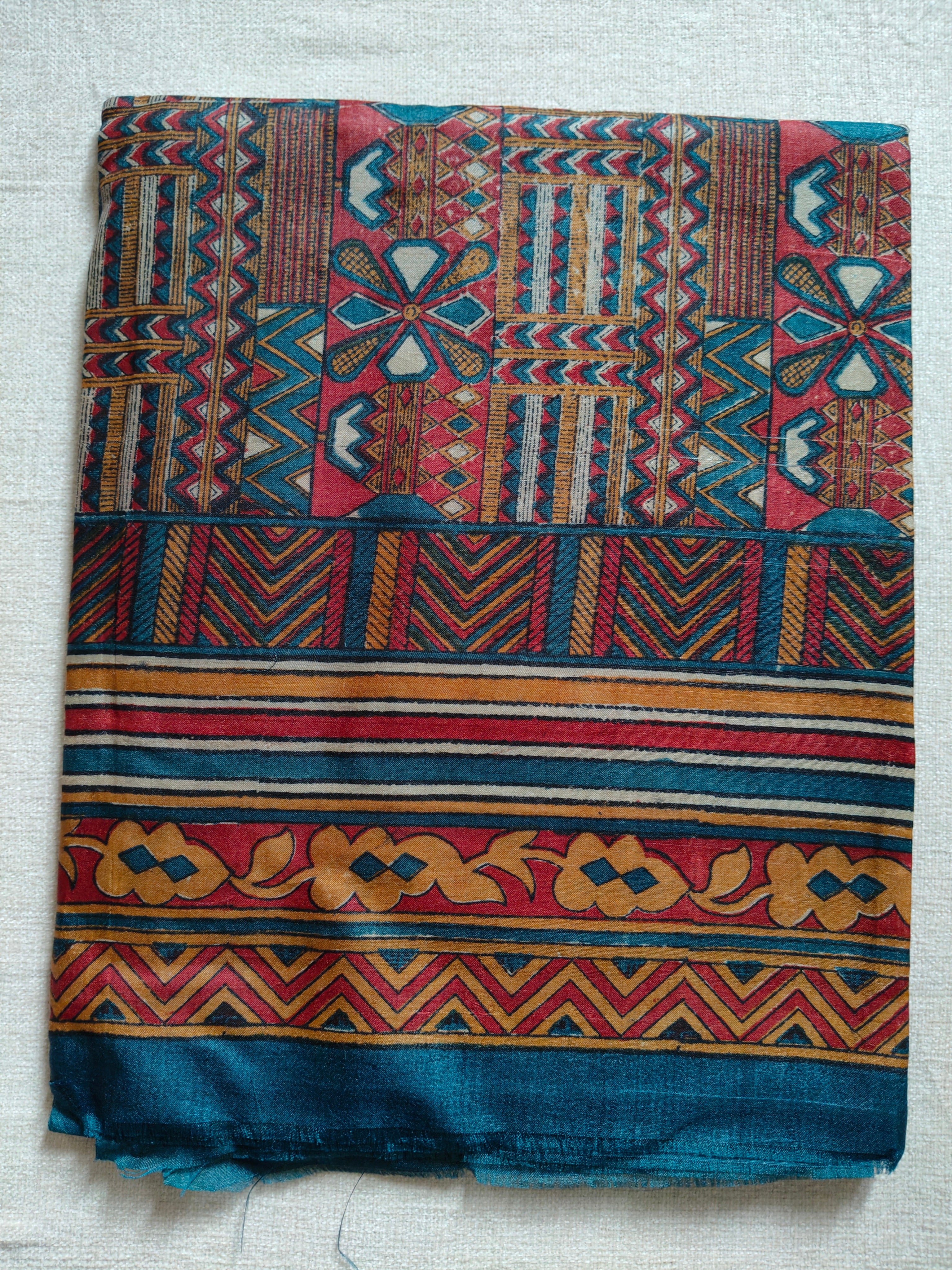 Tussar Silk Digital Print Saree - Teal Blue with Multicolour Printed Borders