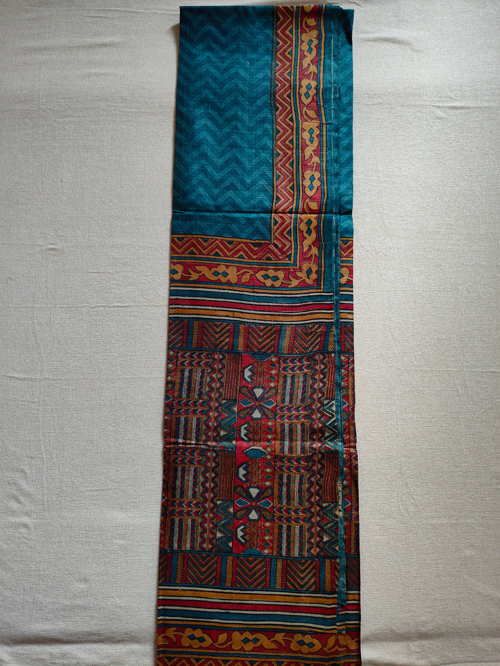 Tussar Silk Digital Print Saree - Teal Blue with Multicolour Printed Borders
