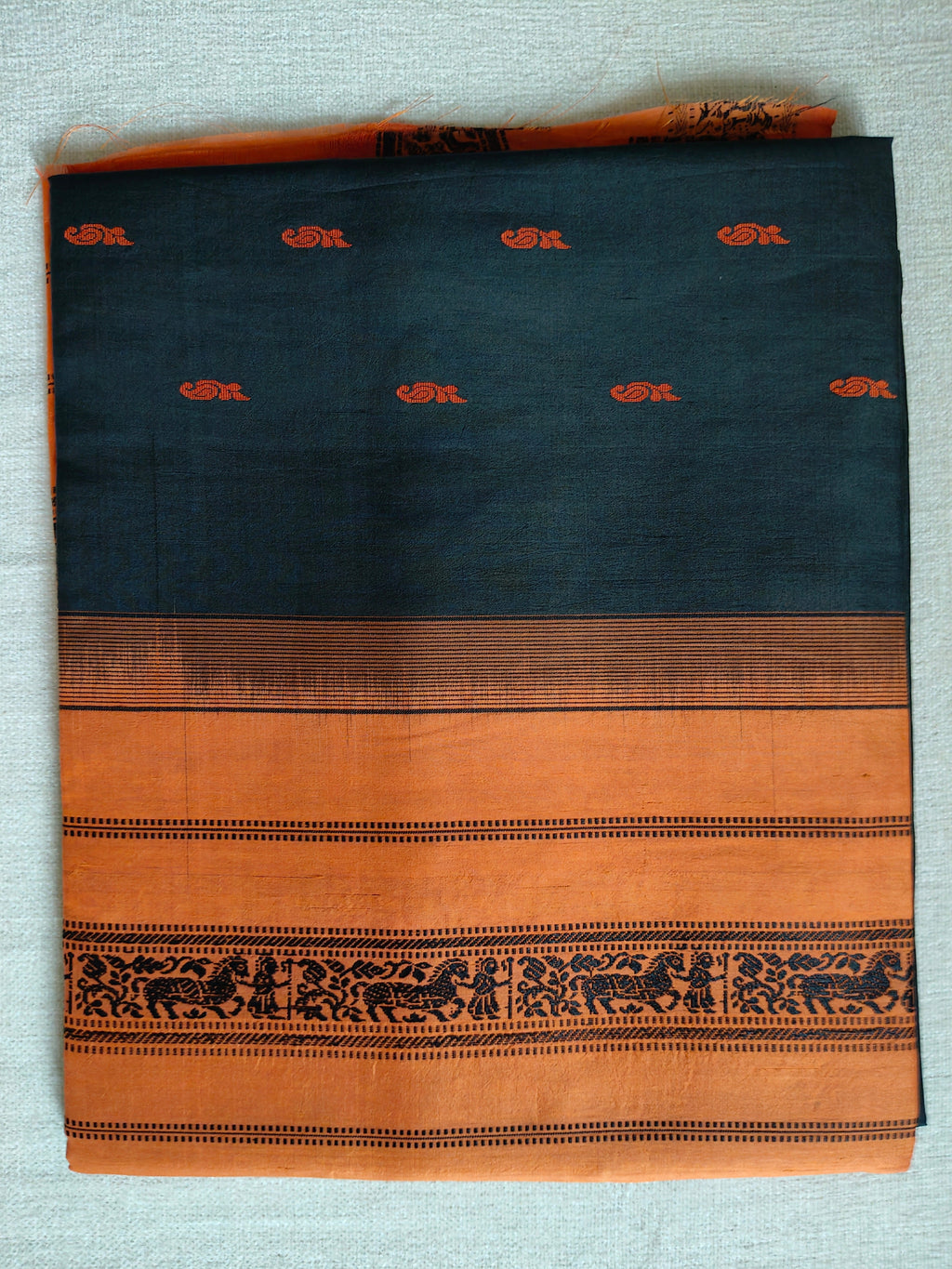 Bishnupuri Pure Silk Saree - Charcoal Black with Burnt Orange Border