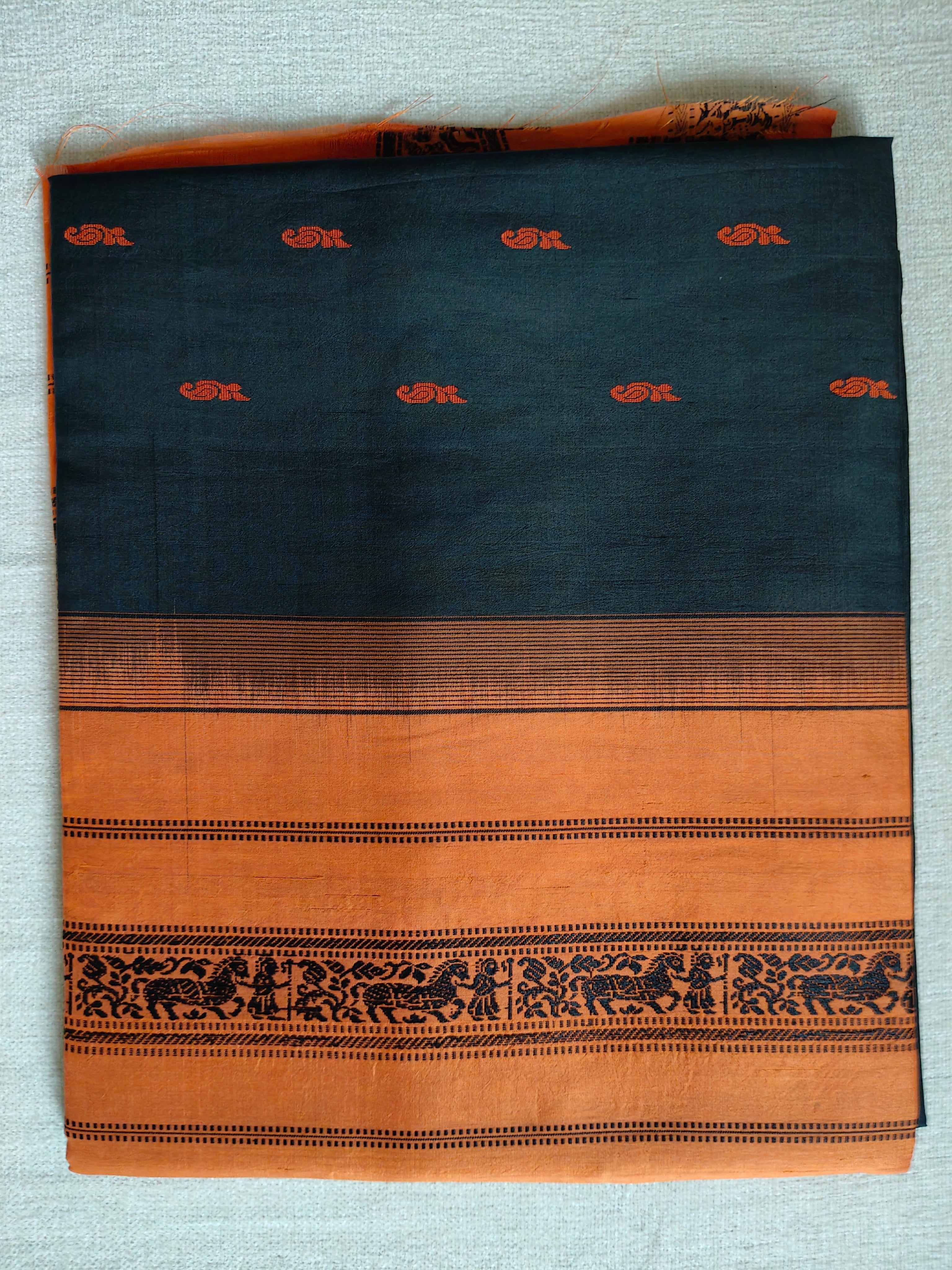Bishnupuri Pure Silk Saree - Charcoal Black with Burnt Orange Border