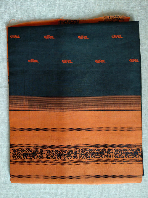Bishnupuri Pure Silk Saree - Charcoal Black with Burnt Orange Border