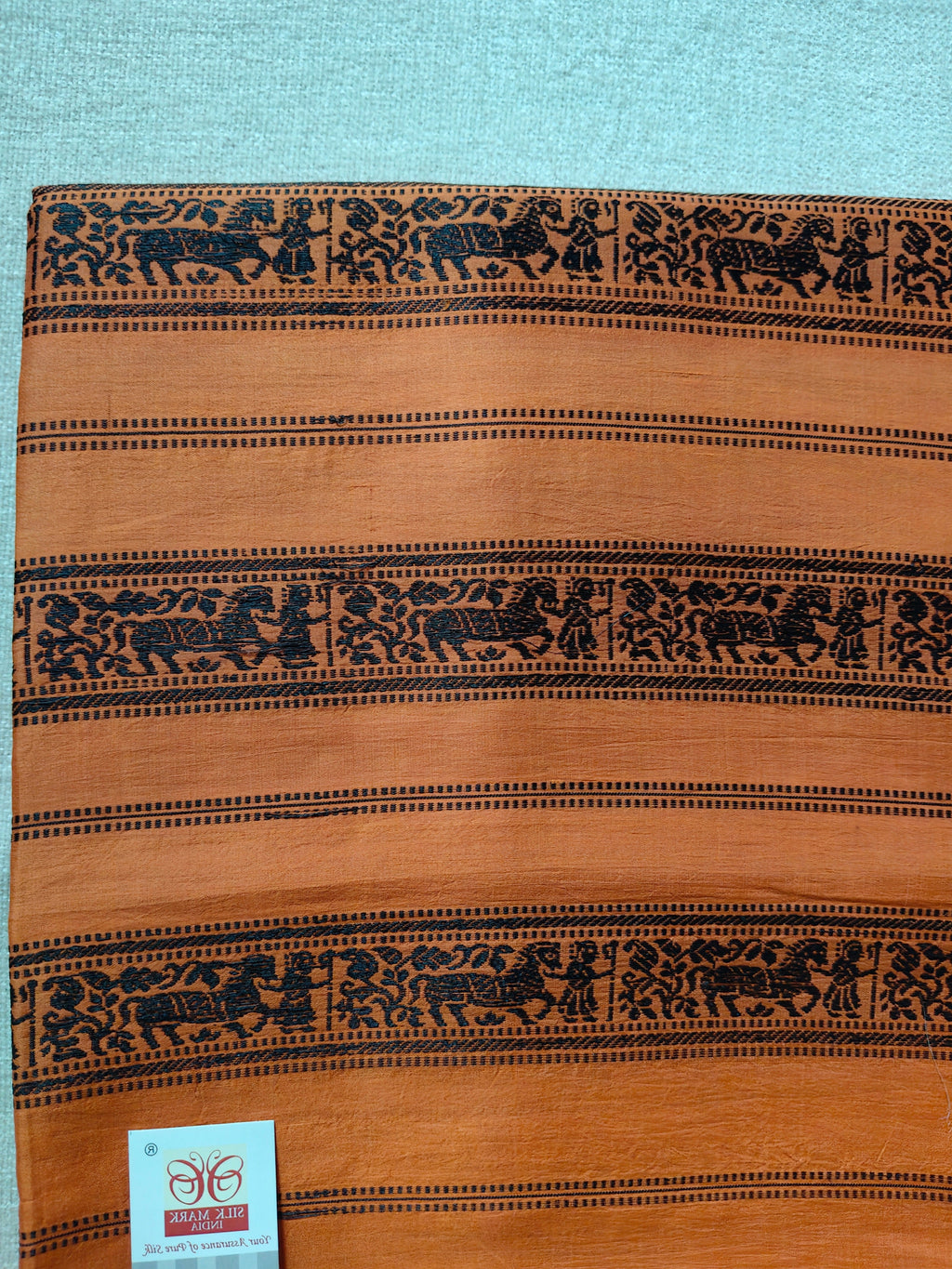 Bishnupuri Pure Silk Saree - Charcoal Black with Burnt Orange Border