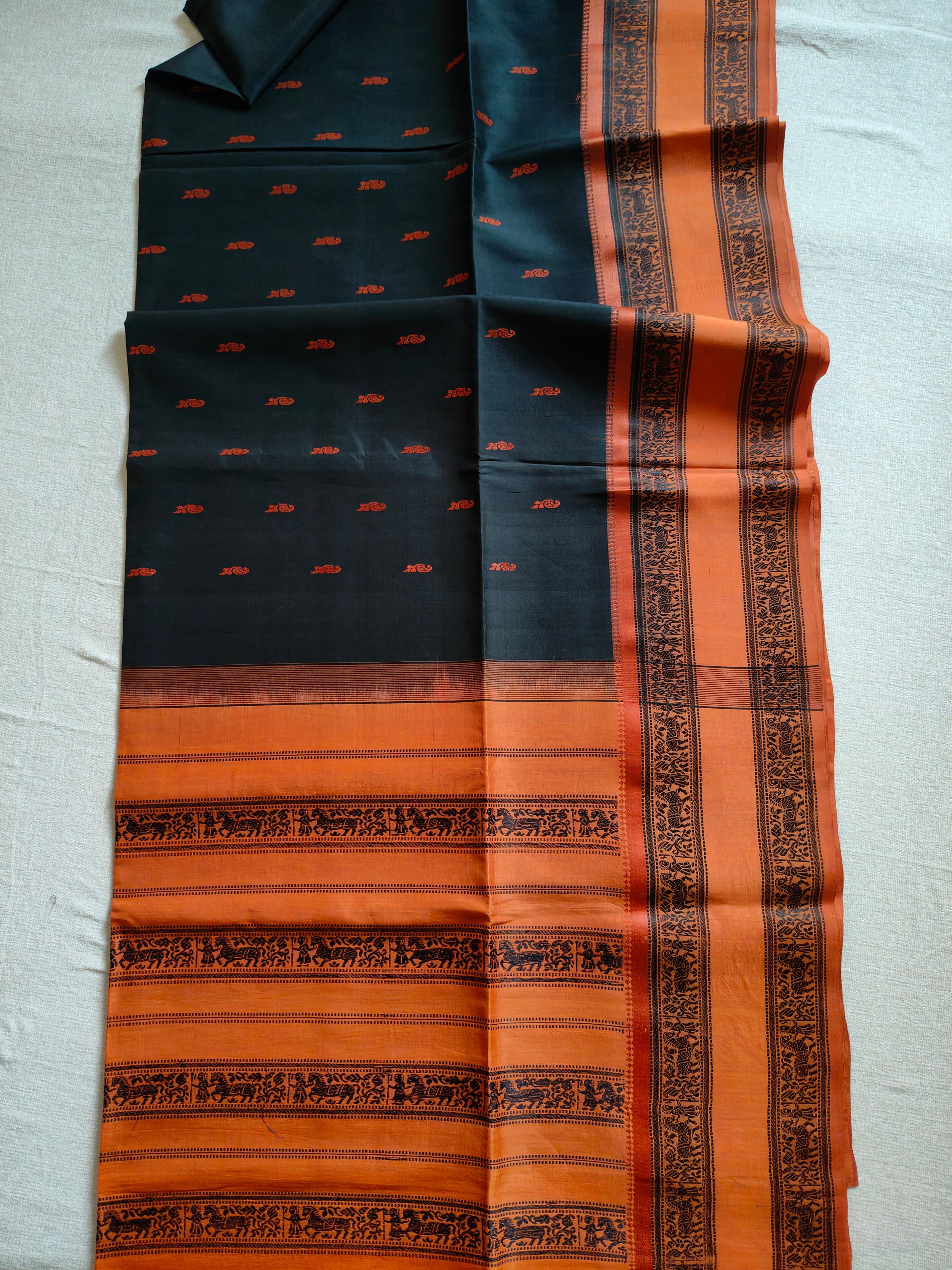Bishnupuri Pure Silk Saree - Charcoal Black with Burnt Orange Border