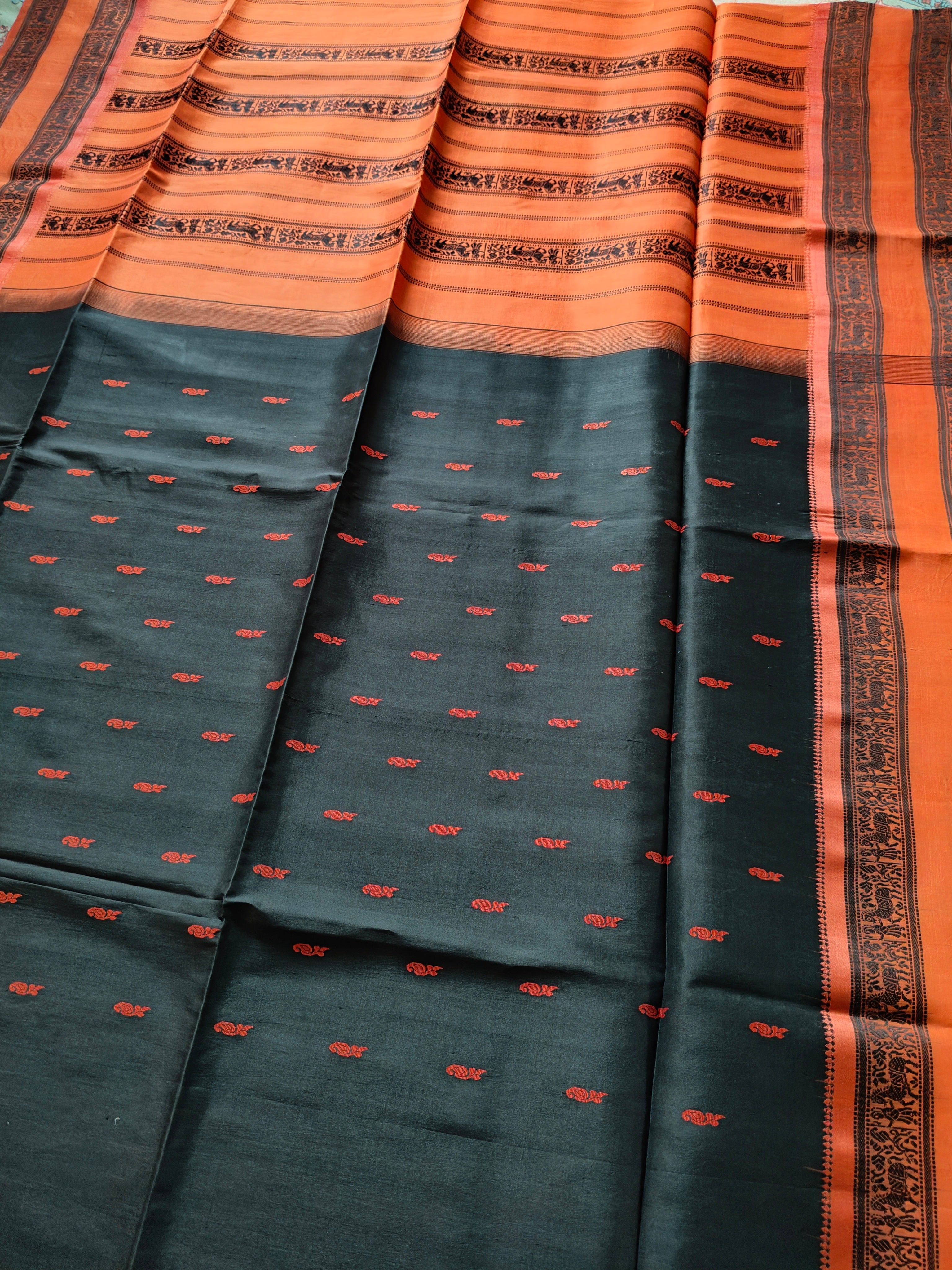 Bishnupuri Pure Silk Saree - Charcoal Black with Burnt Orange Border