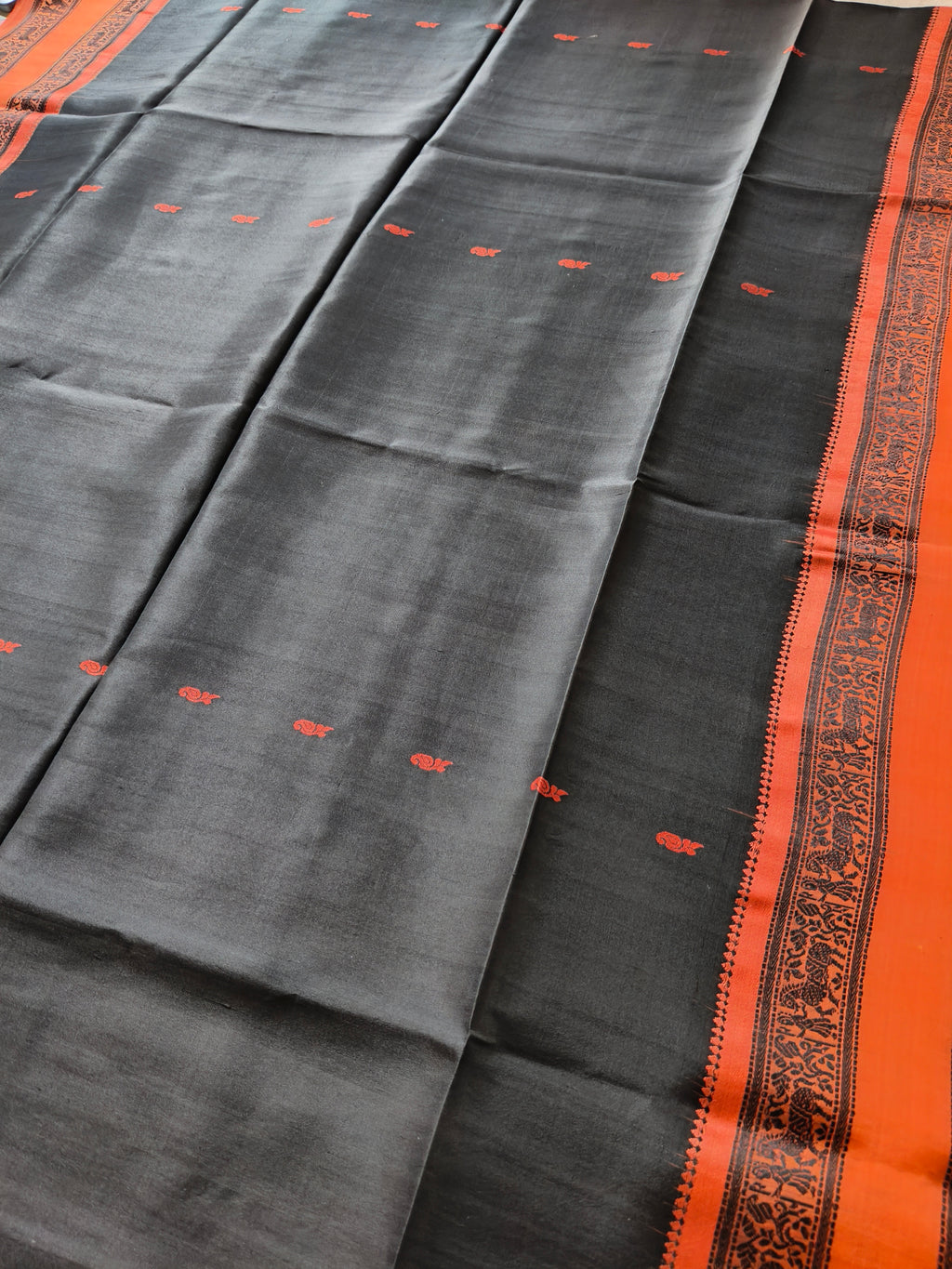 Bishnupuri Pure Silk Saree - Charcoal Black with Burnt Orange Border