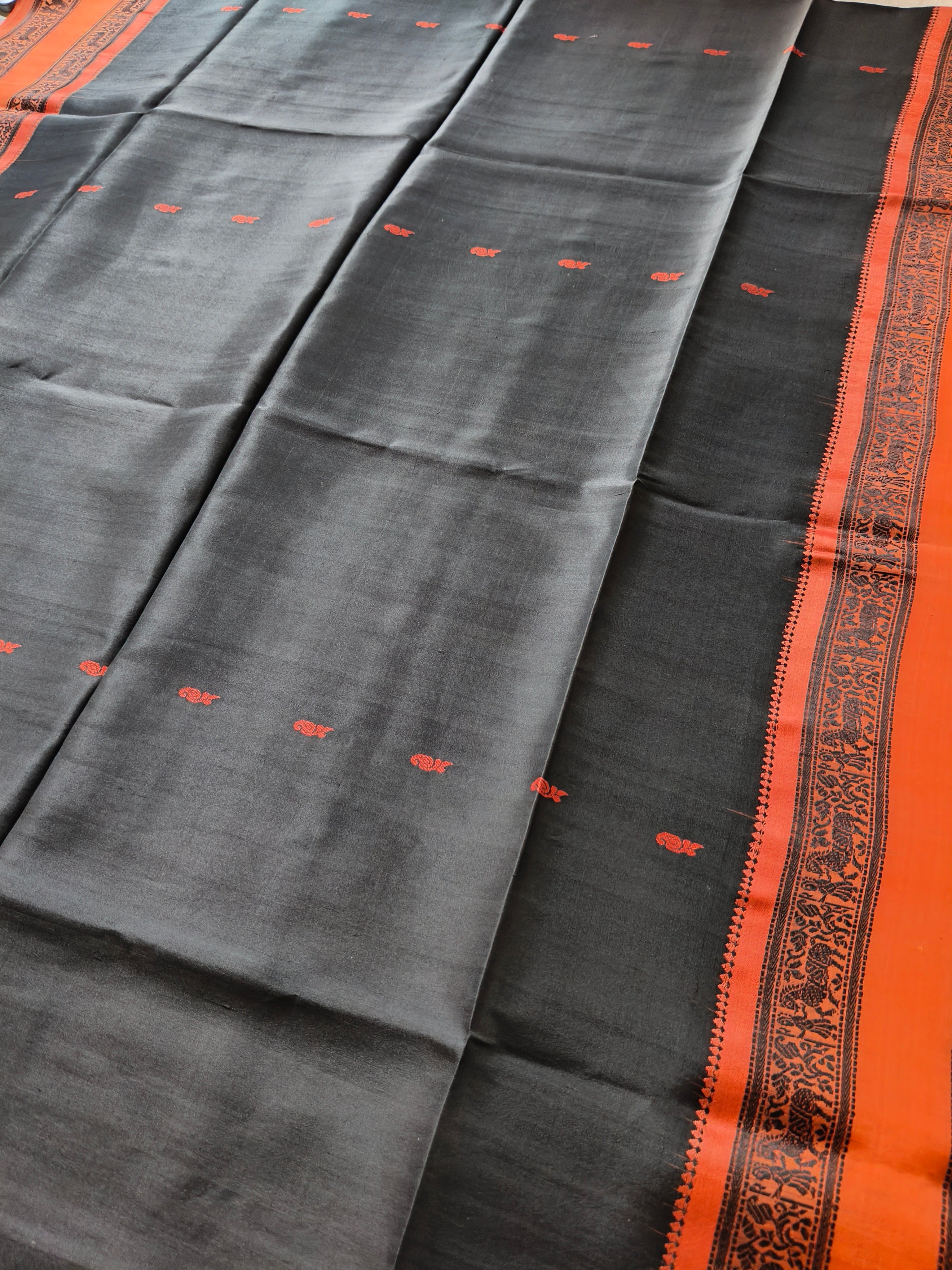 Bishnupuri Pure Silk Saree - Charcoal Black with Burnt Orange Border