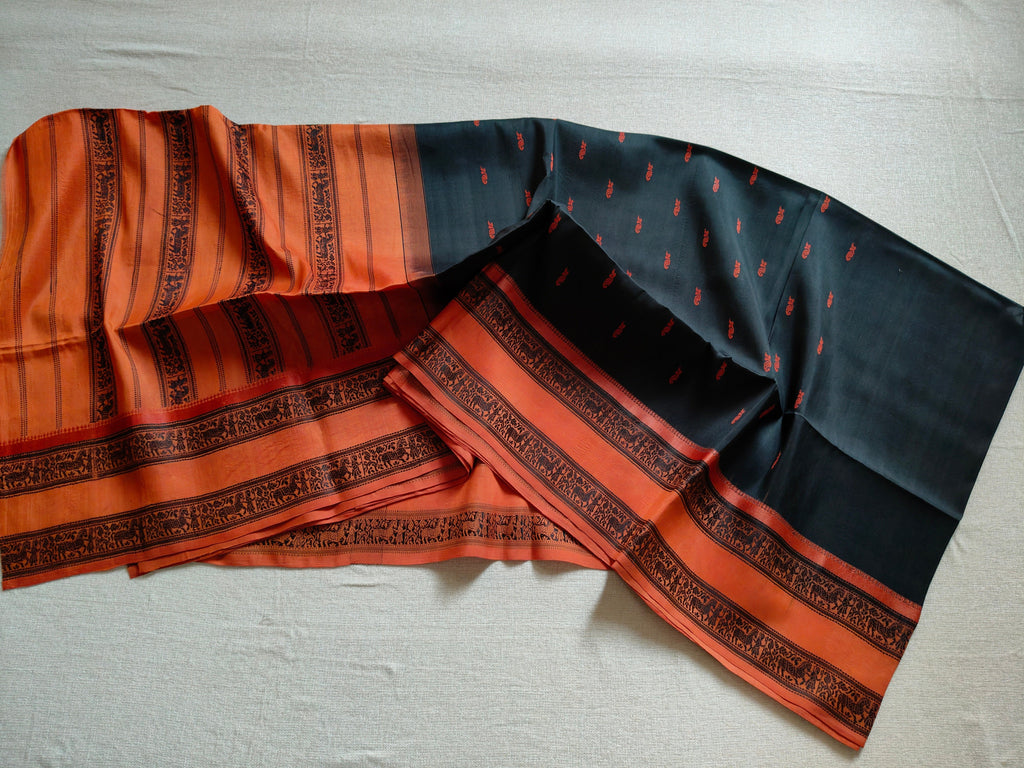 Bishnupuri Pure Silk Saree - Charcoal Black with Burnt Orange Border