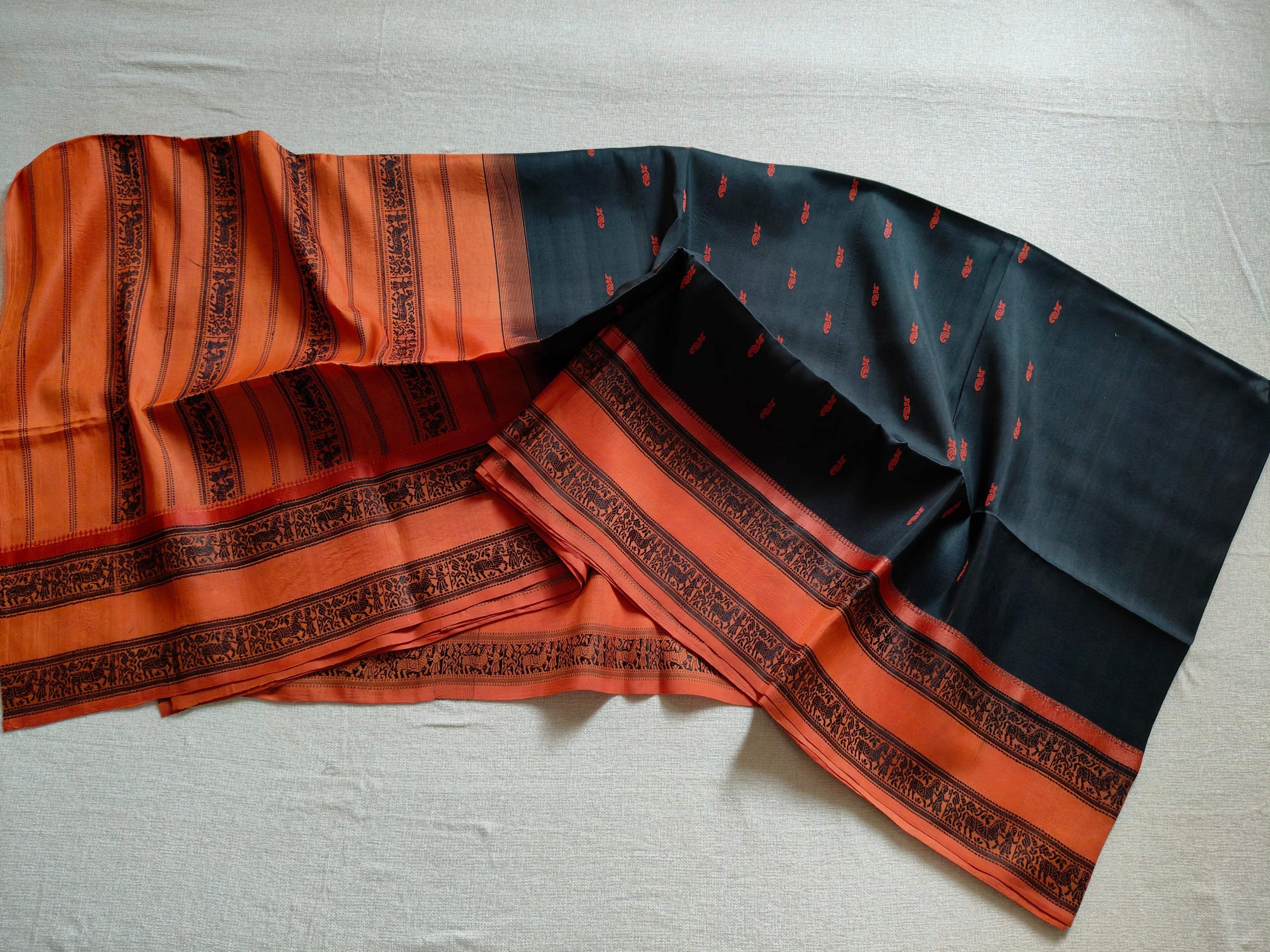 Bishnupuri Pure Silk Saree - Charcoal Black with Burnt Orange Border
