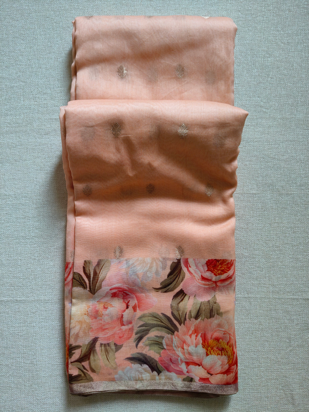 Chanderi Silk Cotton Saree with Golden Zari Buti – Blush Peach