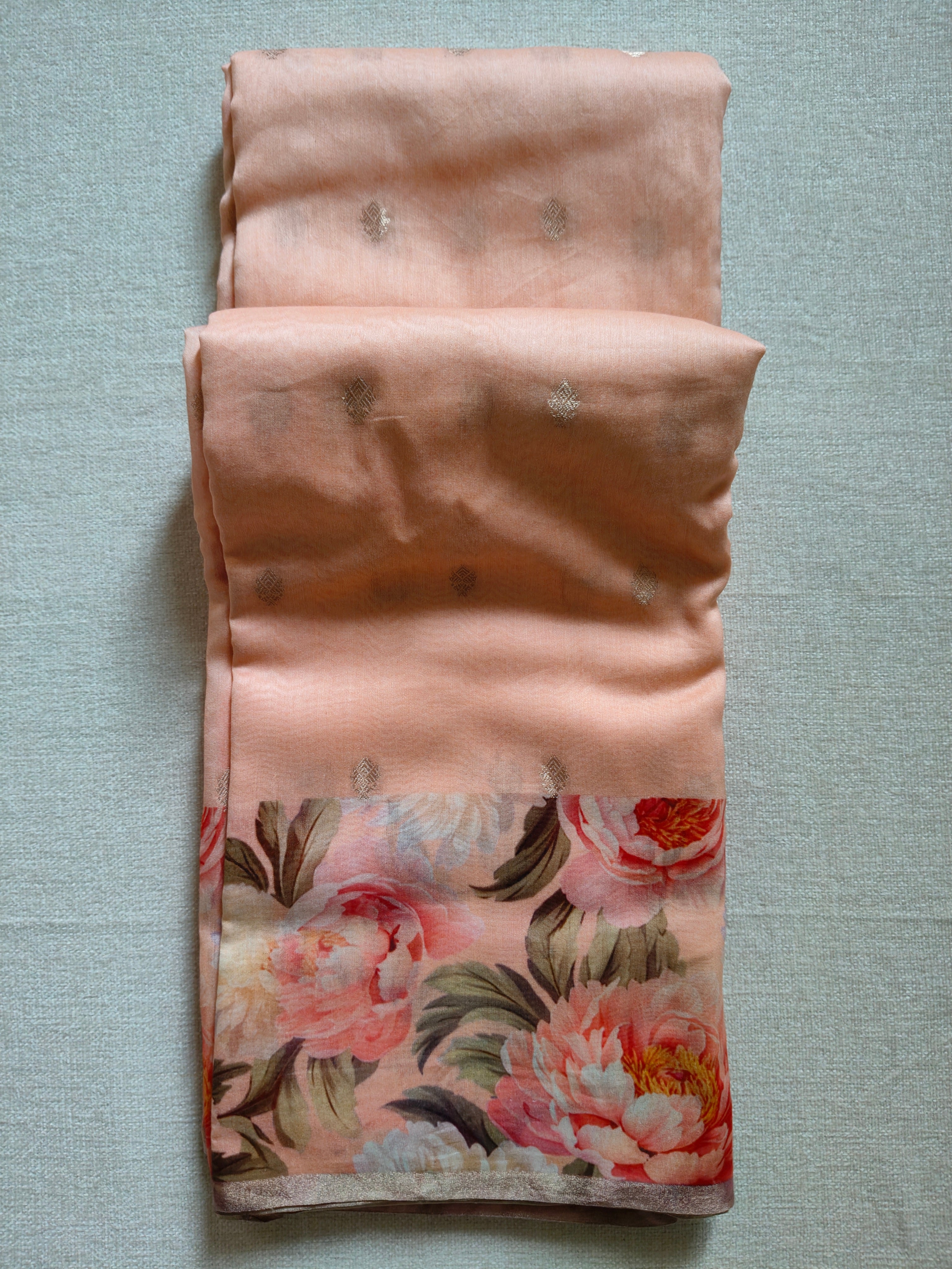 Chanderi Silk Cotton Saree with Golden Zari Buti – Blush Peach