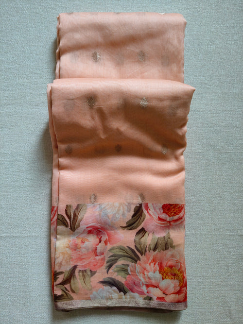 Chanderi Silk Cotton Saree with Golden Zari Buti – Blush Peach