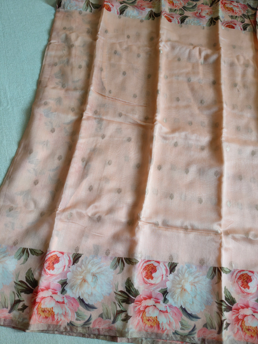 Chanderi Silk Cotton Saree with Golden Zari Buti – Blush Peach