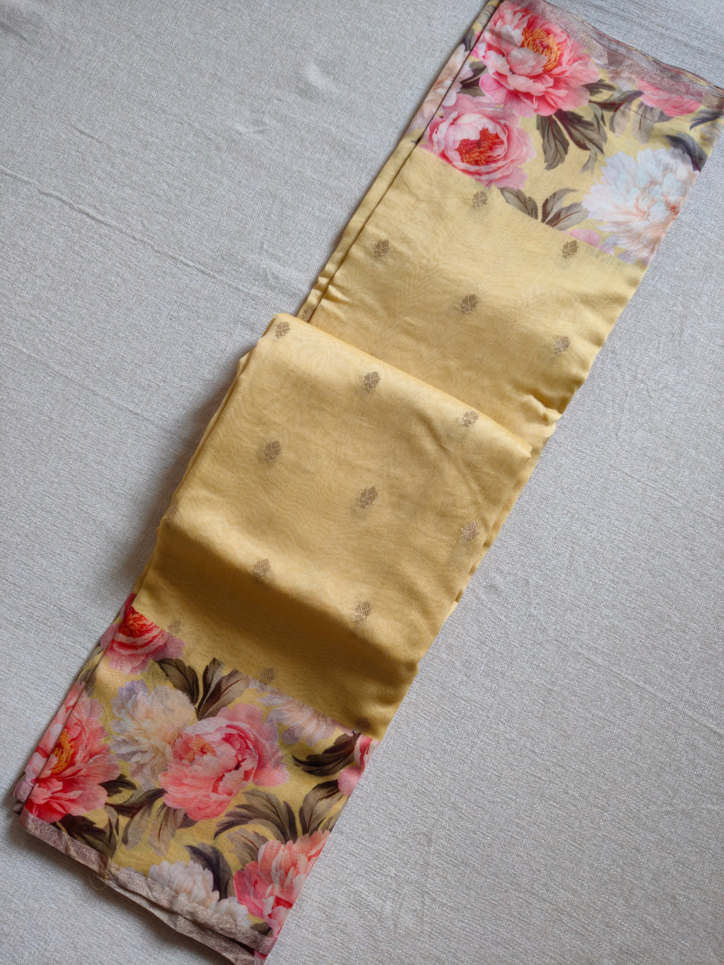 Chanderi Silk Cotton Saree with Golden Zari Buti – Butter Yellow Floral Elegance