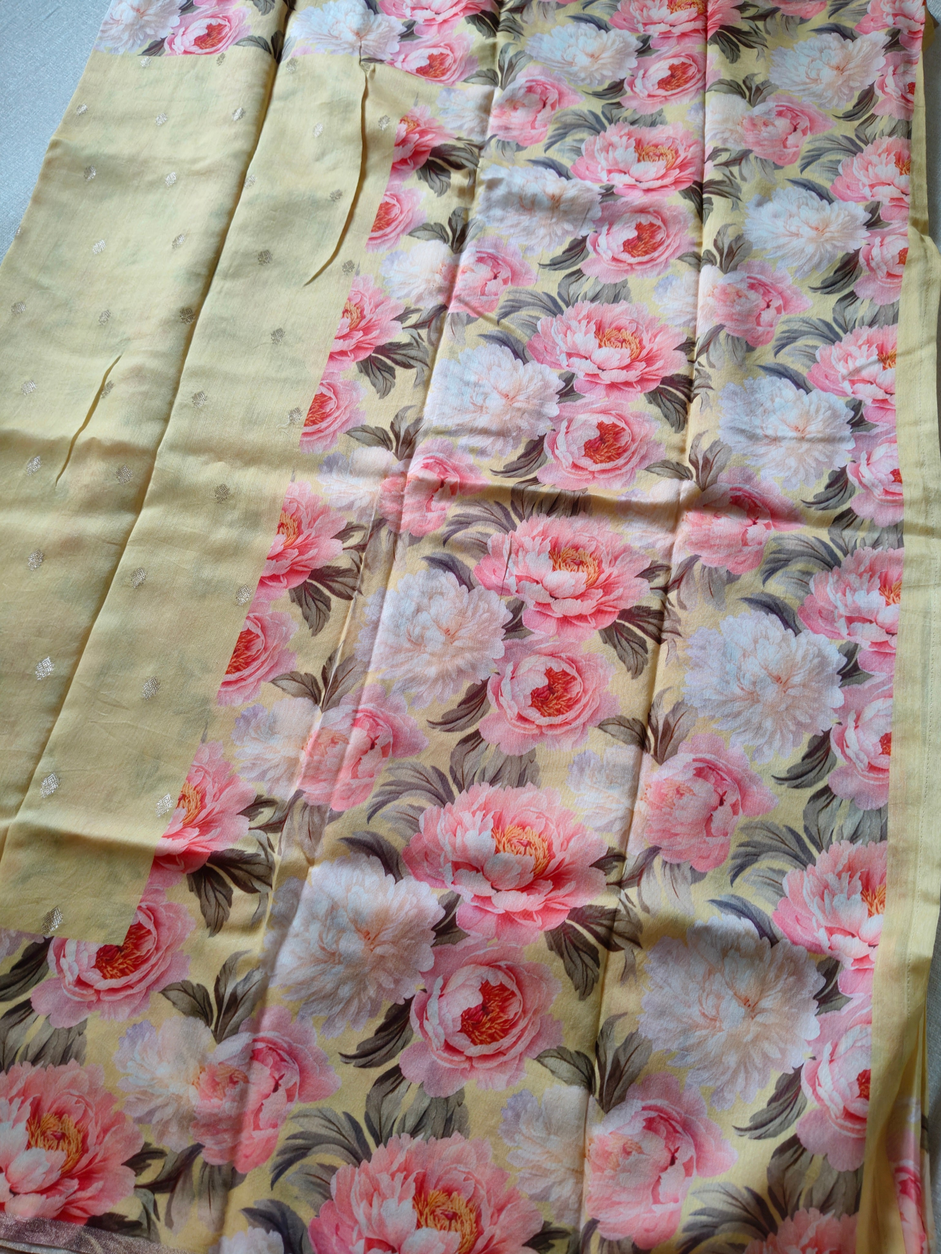 Chanderi Silk Cotton Saree with Golden Zari Buti – Butter Yellow Floral Elegance