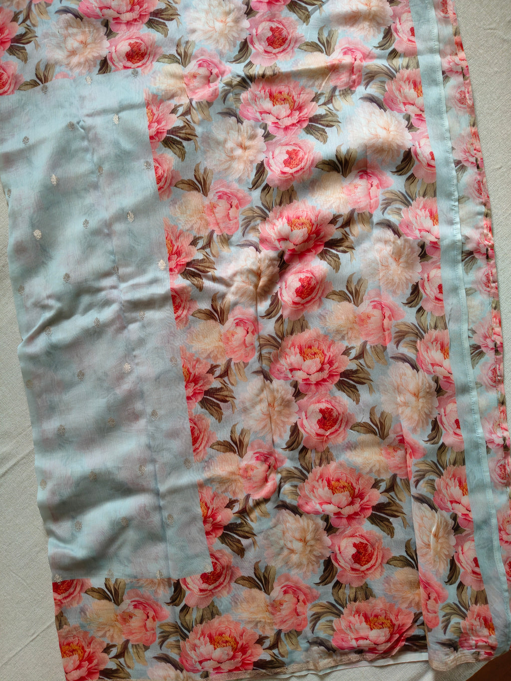 Chanderi Silk Cotton Saree with Golden Zari Buti – Powder Blue Floral Bliss