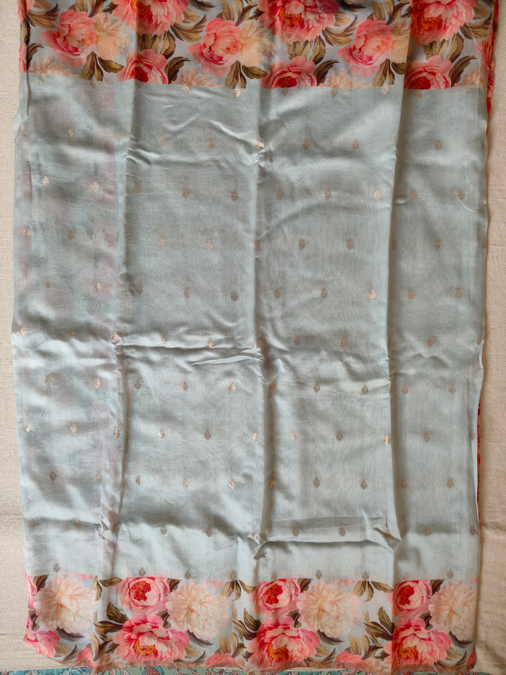Chanderi Silk Cotton Saree with Golden Zari Buti – Powder Blue Floral Bliss