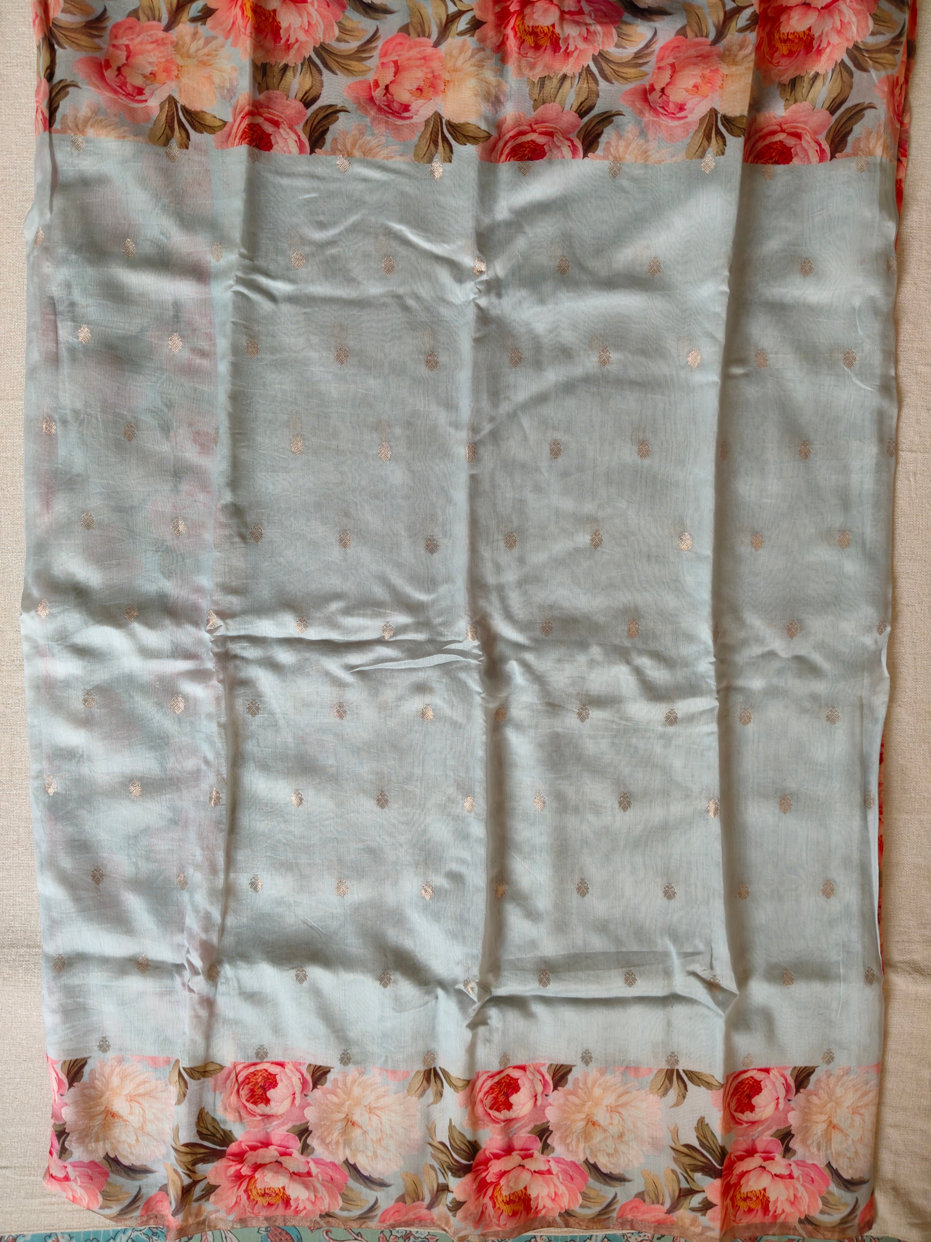 Chanderi Silk Cotton Saree with Golden Zari Buti – Powder Blue Floral Bliss